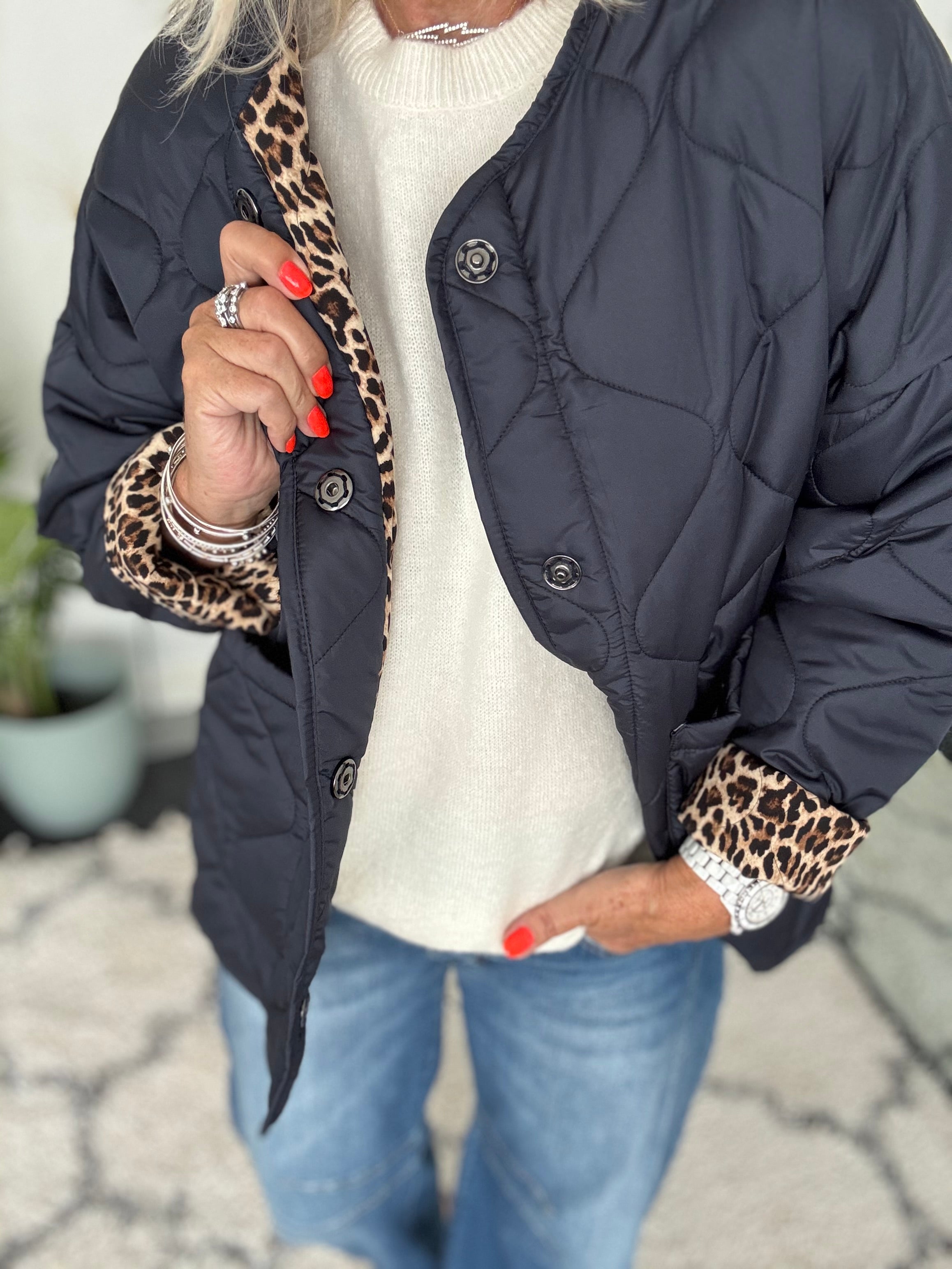 Reversible Quilted Jacket in Navy & Leopard