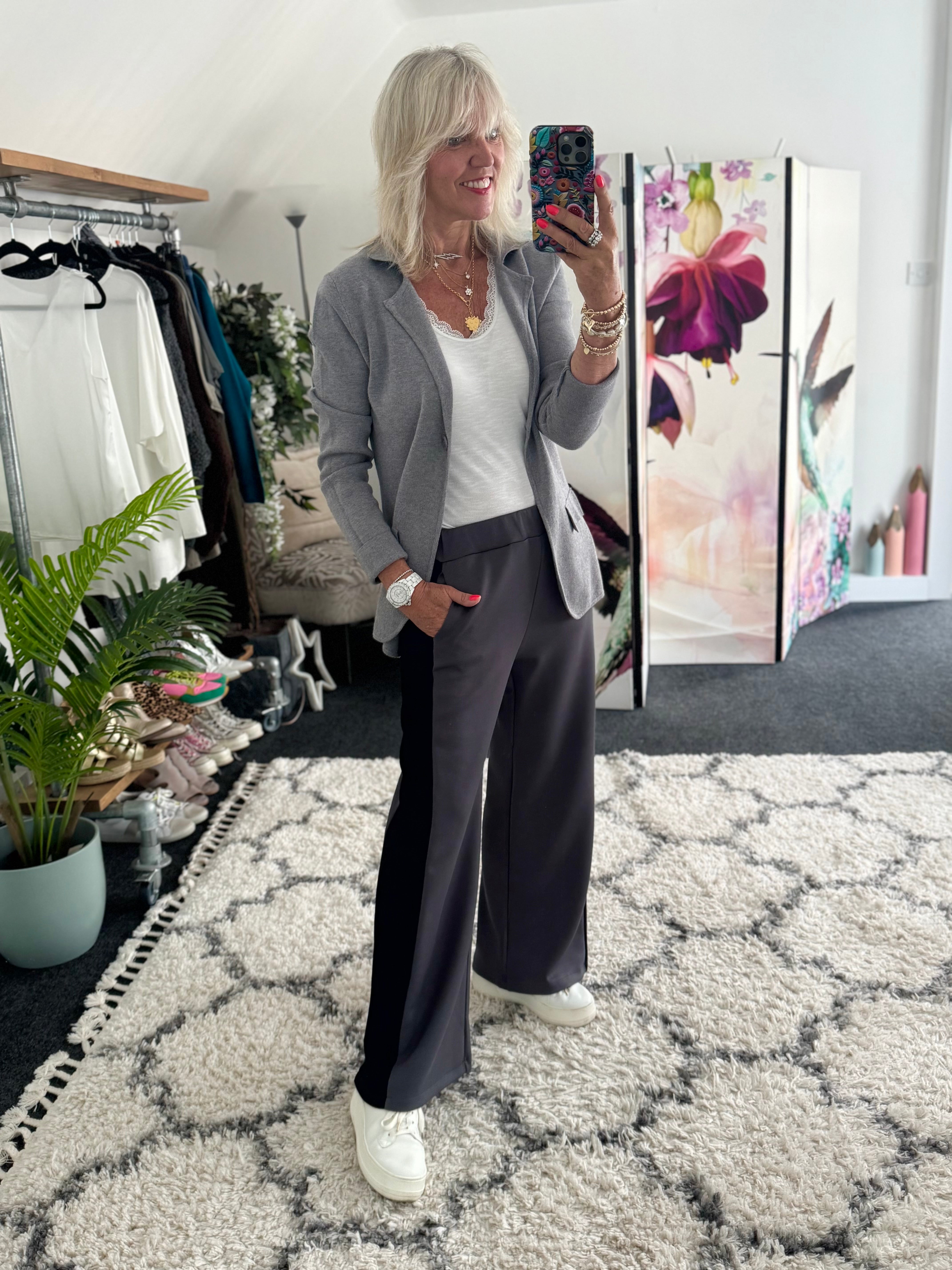 Stretch Trousers with Side Stripe in Charcoal & Black