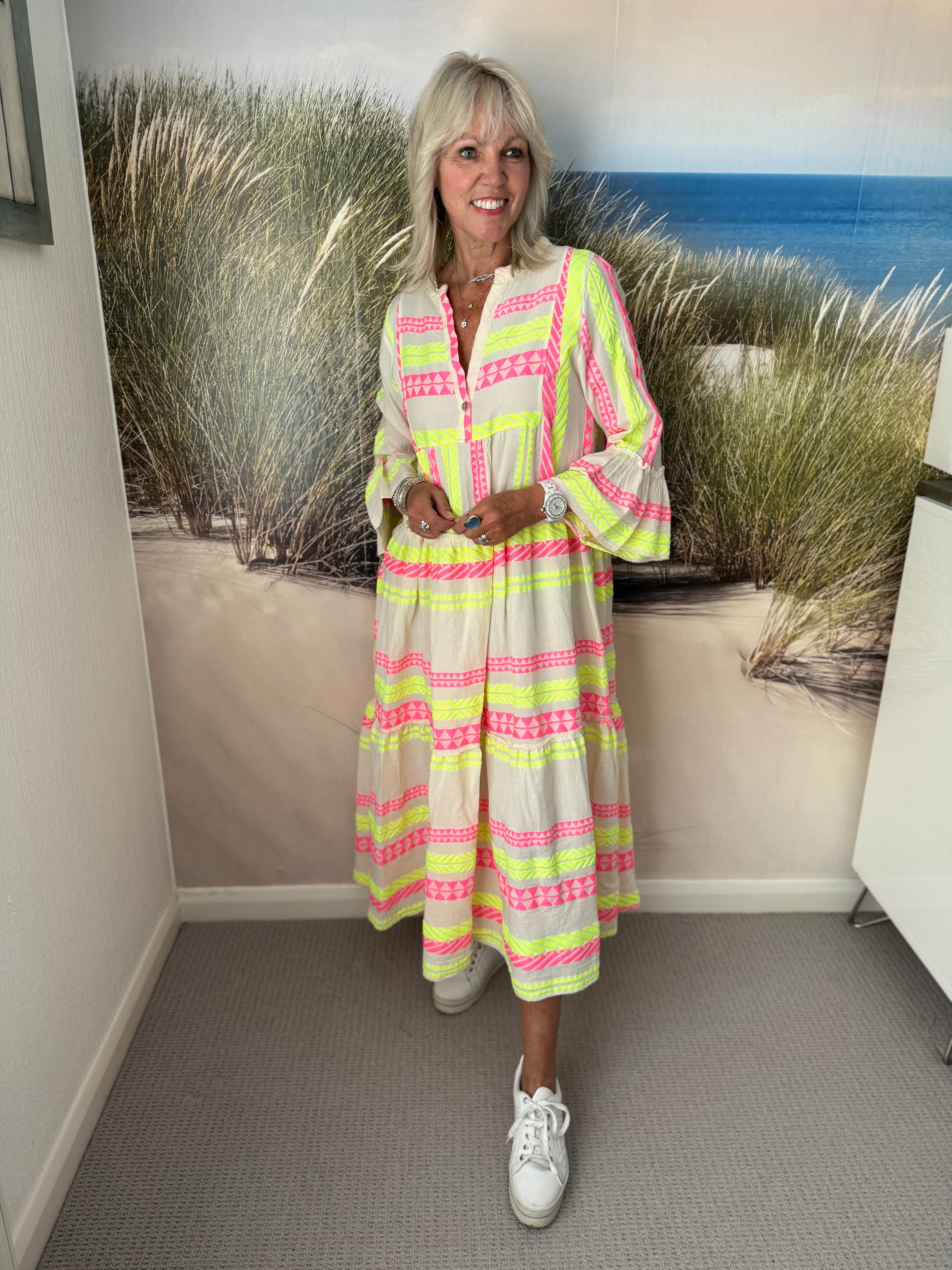 Embroidered Midi Dress in Pink & Neon