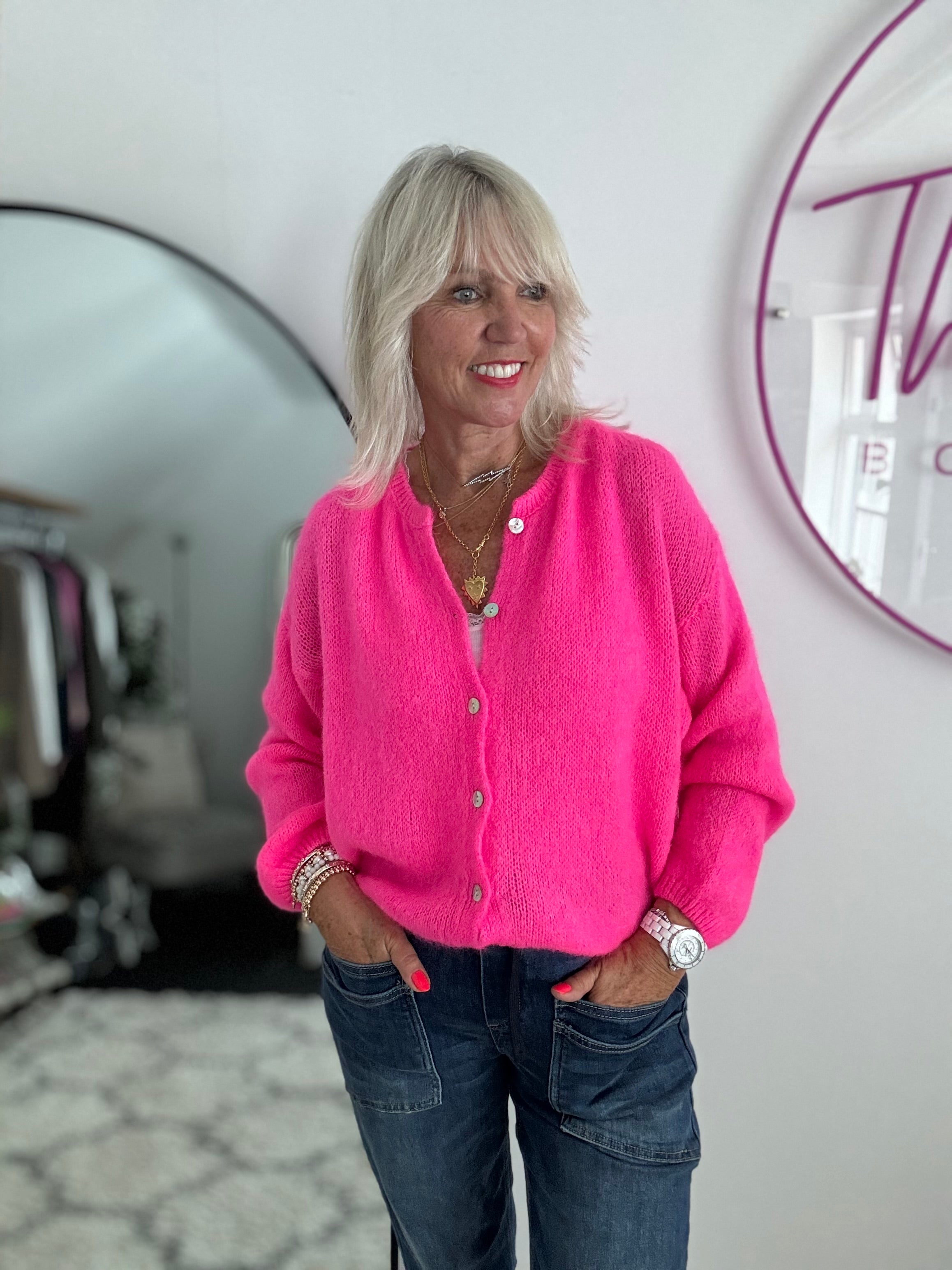 Mohair Buttoned Cardi in Neon Pink