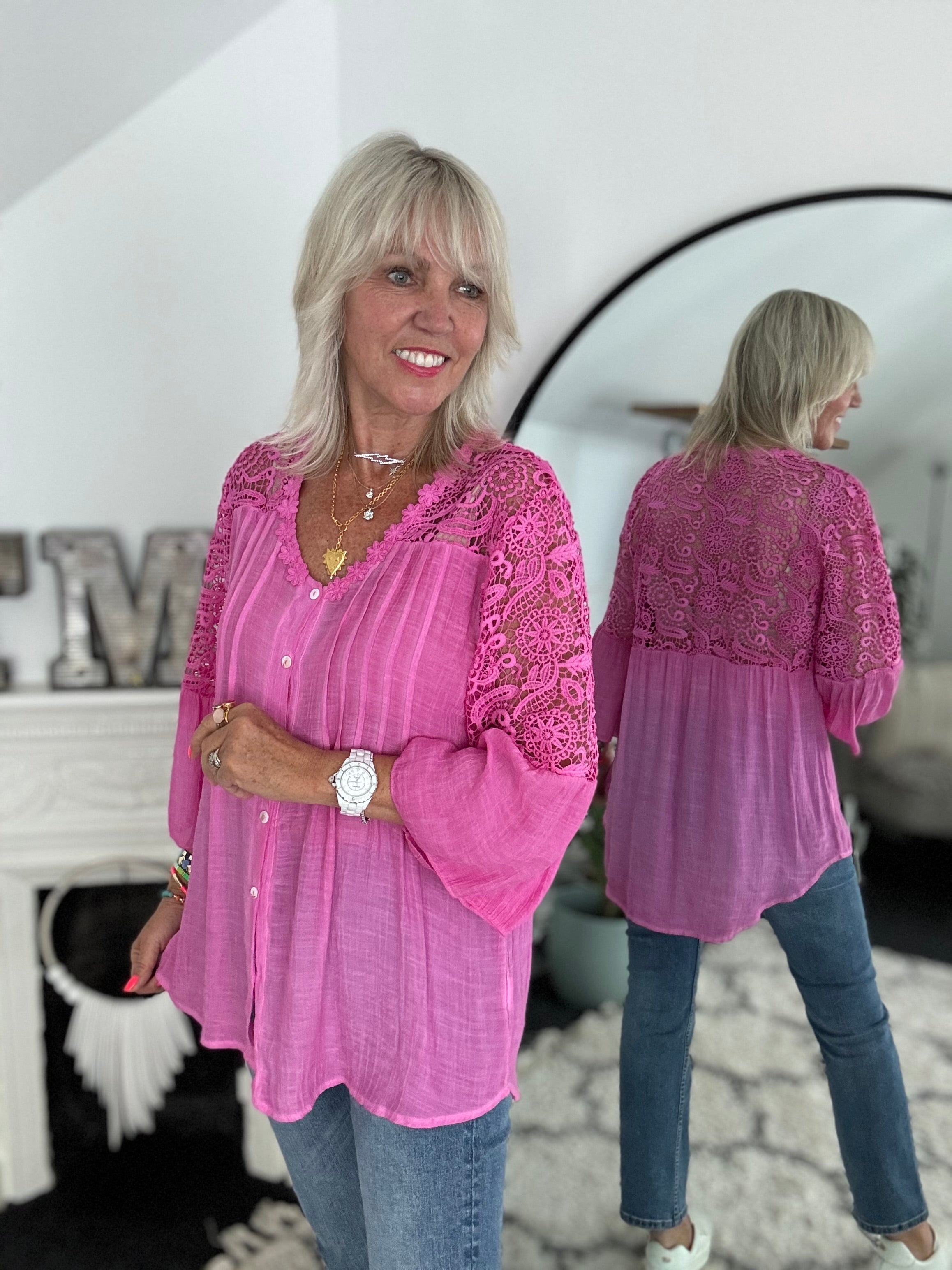Lace Buttoned Blouse in Fuchsia