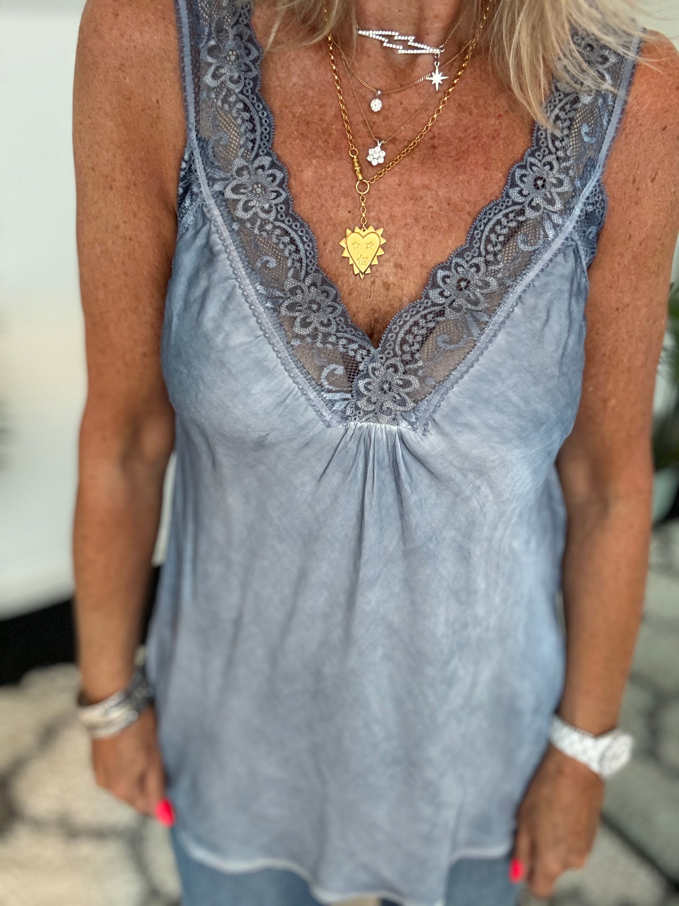 Lace Trim Silky Vest in Light Denim