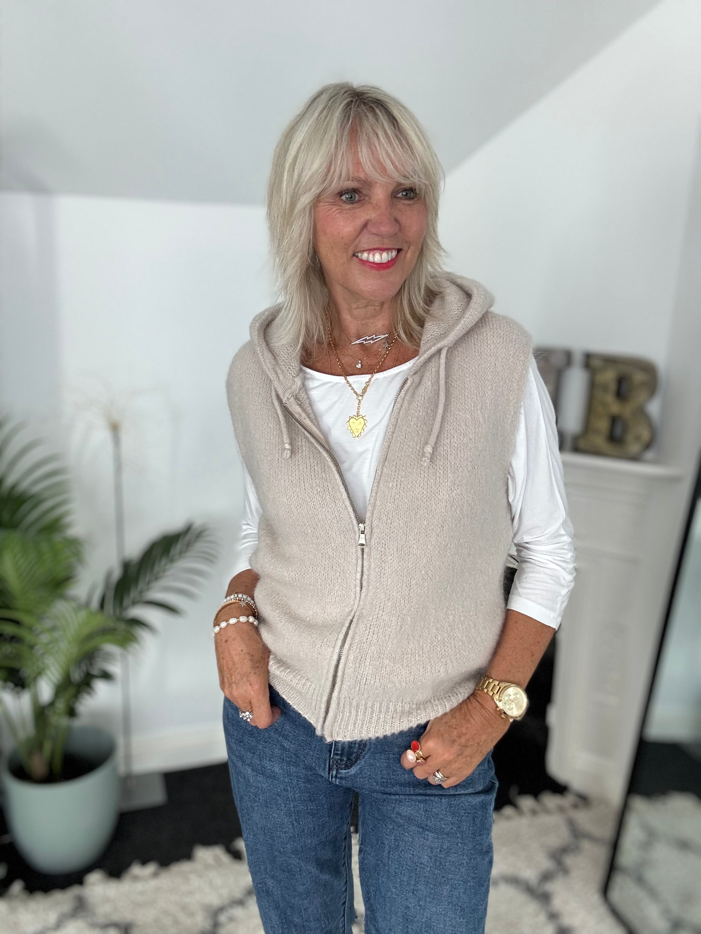 Hooded Mohair Gilet in Stone