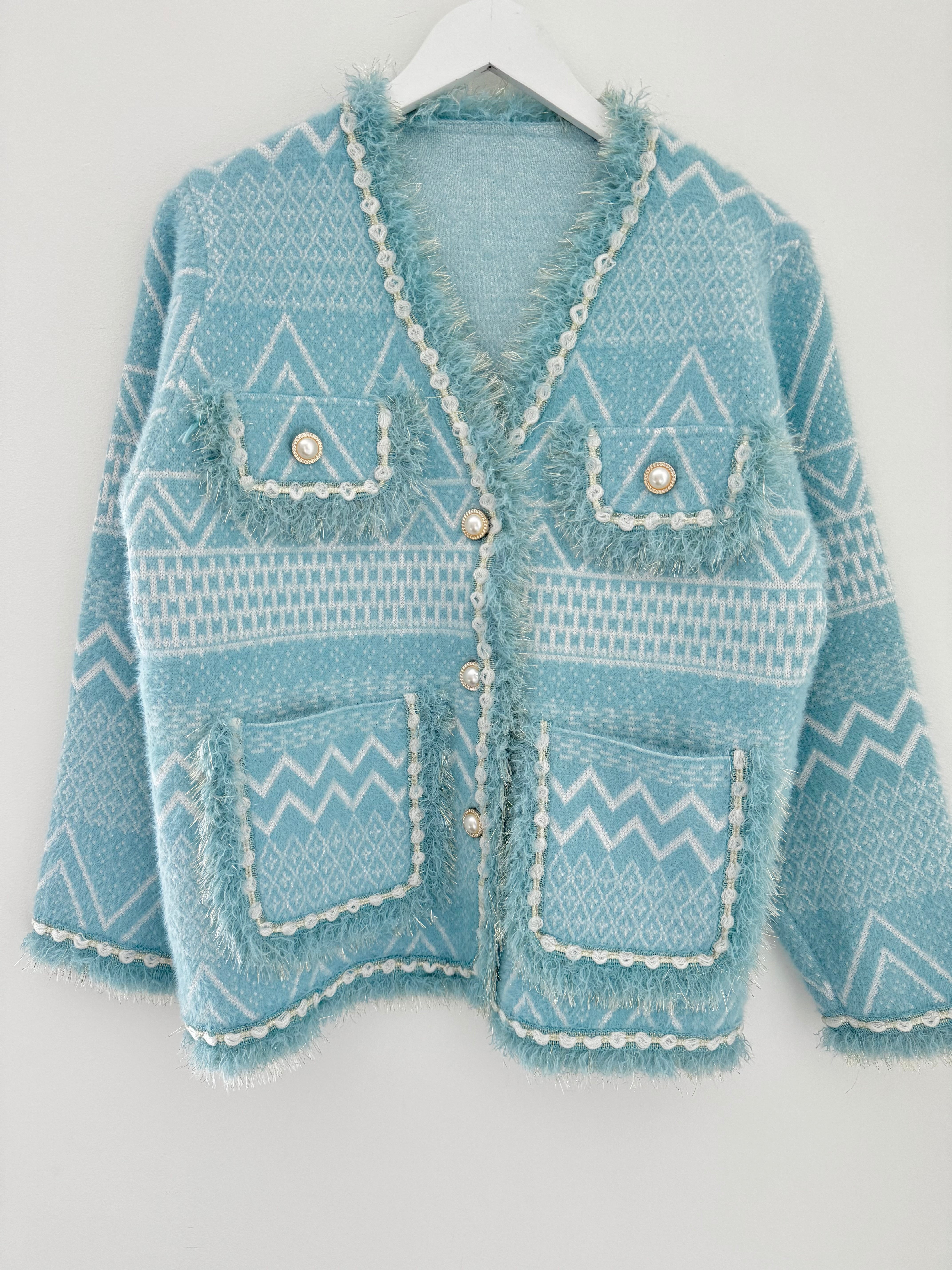 Pearl Button & Tweed Cardi Jacket in Tiffany Blue