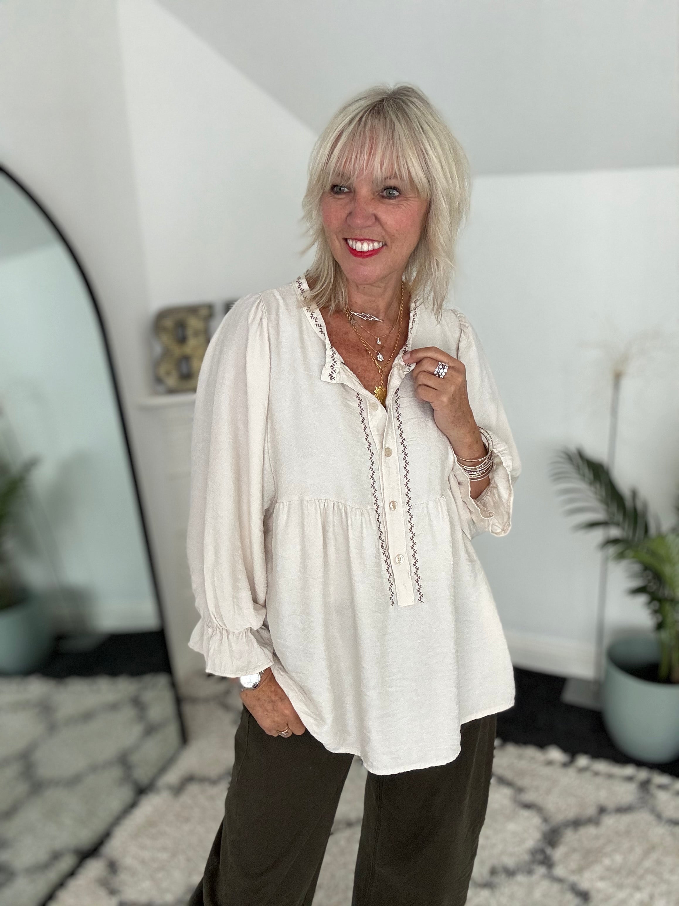 Luxe Blouse with Embroidery in Ecru