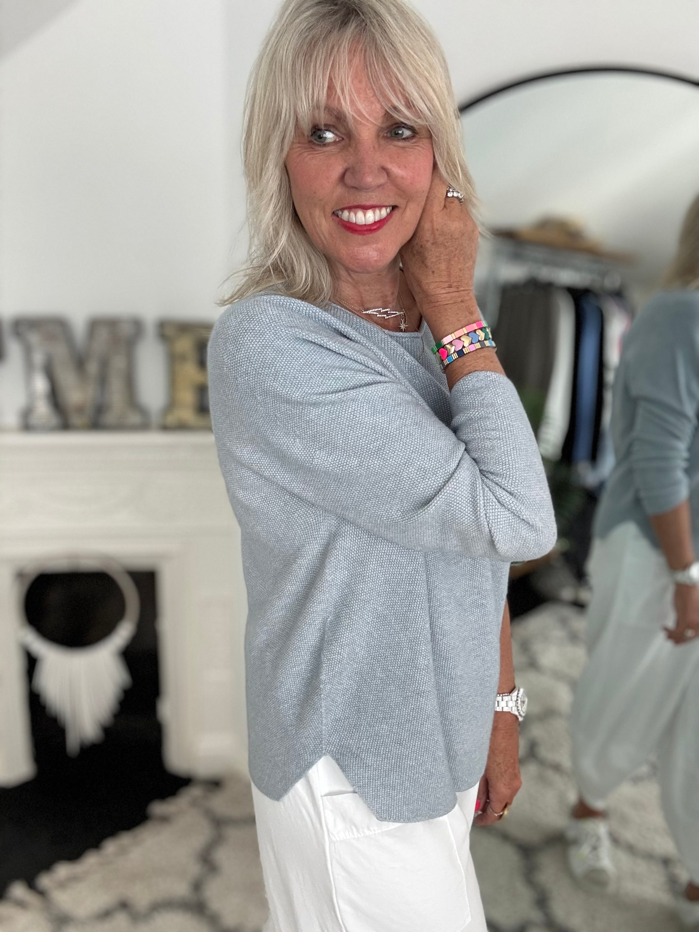 Moss Stitch Jumper with Ladder Back in Eggshell