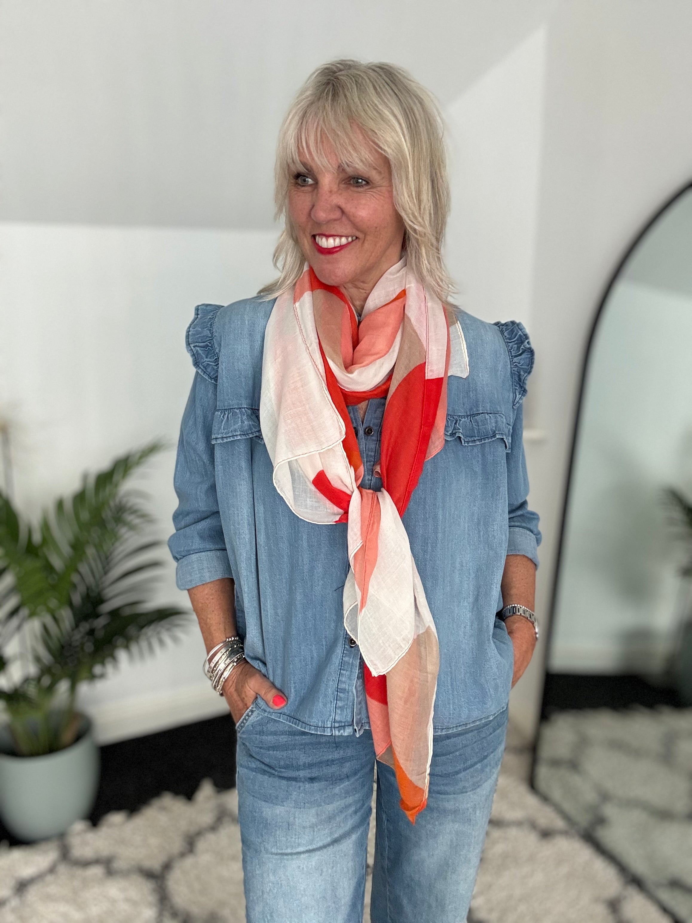 Abstract Print Scarf in Shades of Coral & Red