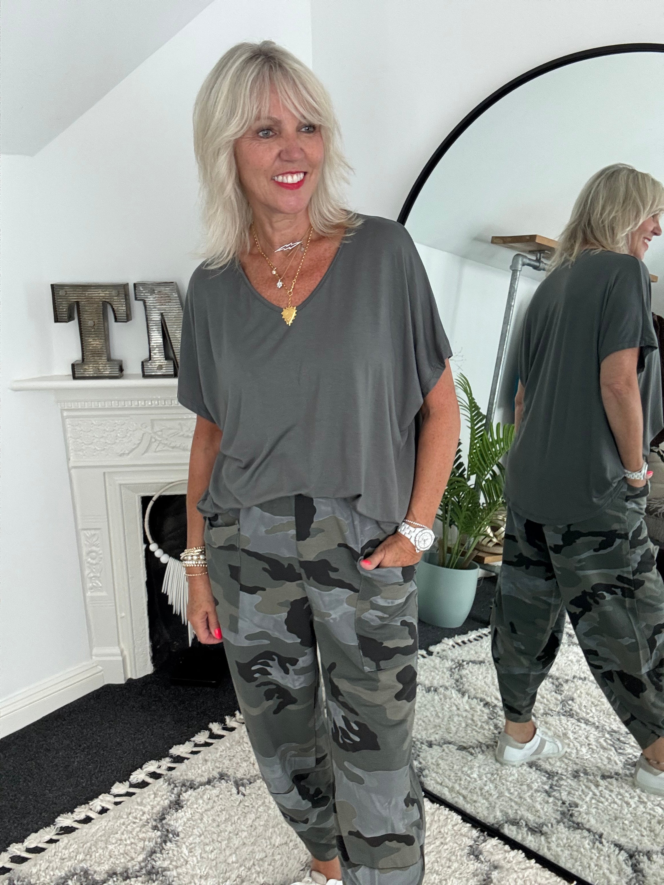 Barrel Stretch Trousers in Khaki & Grey Camo