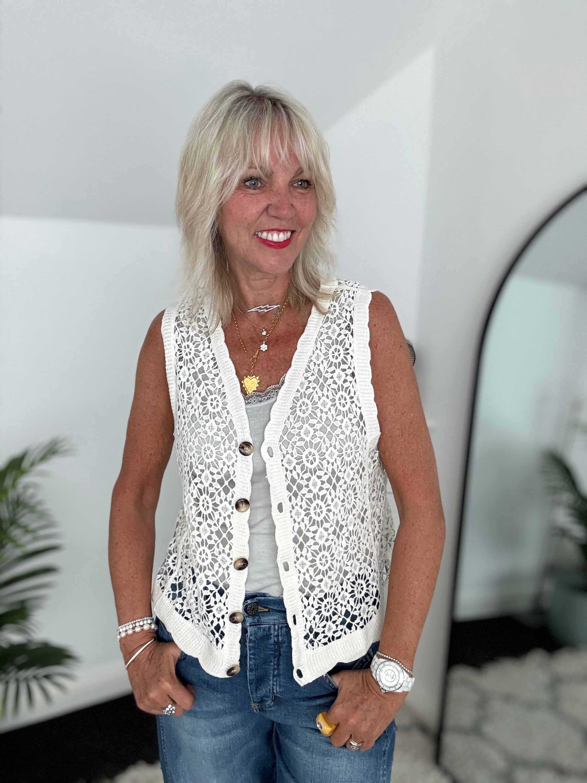 Crochet Buttoned Waistcoat in Ivory
