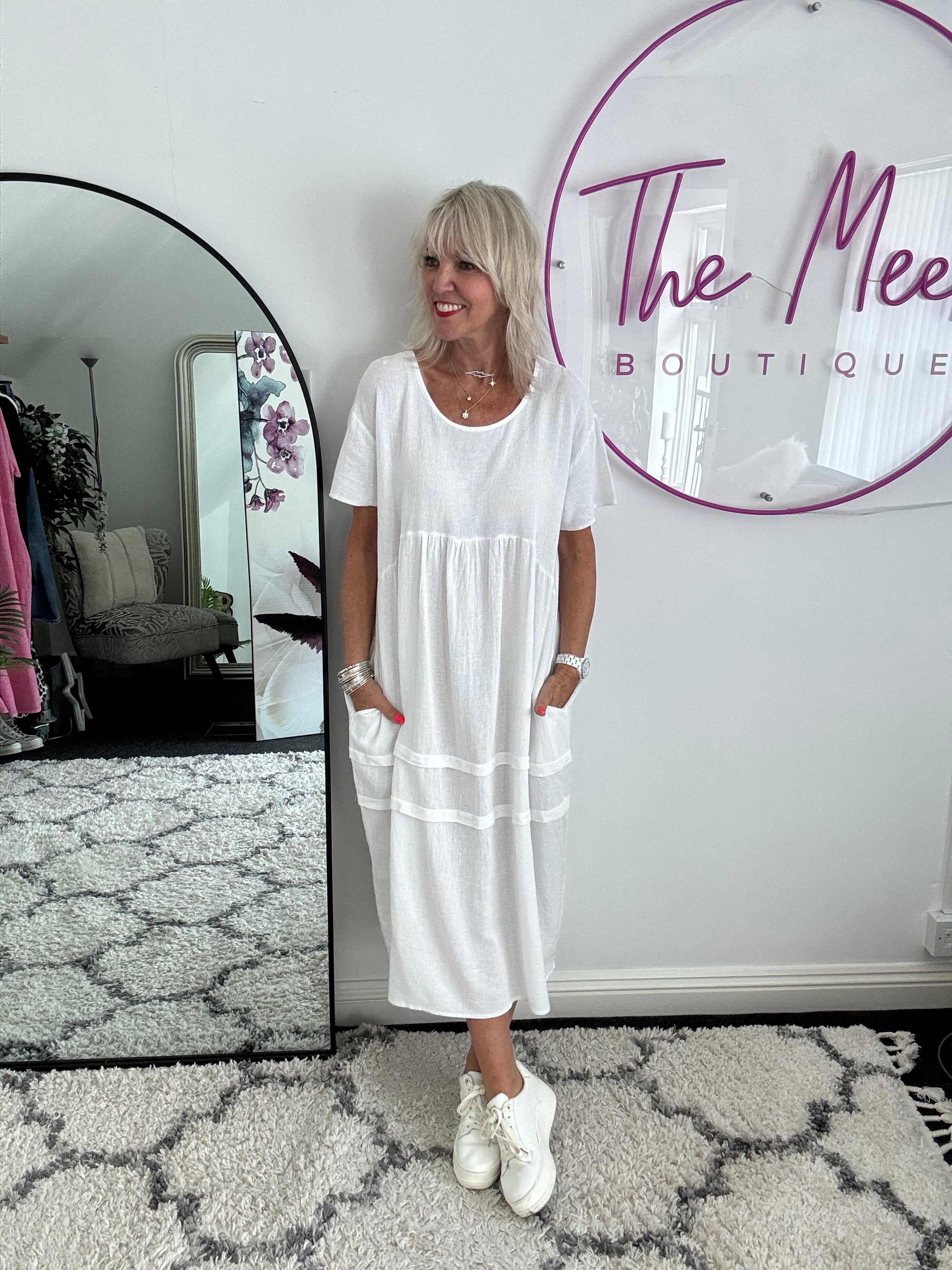 Cotton & Linen Cocoon Dress in White