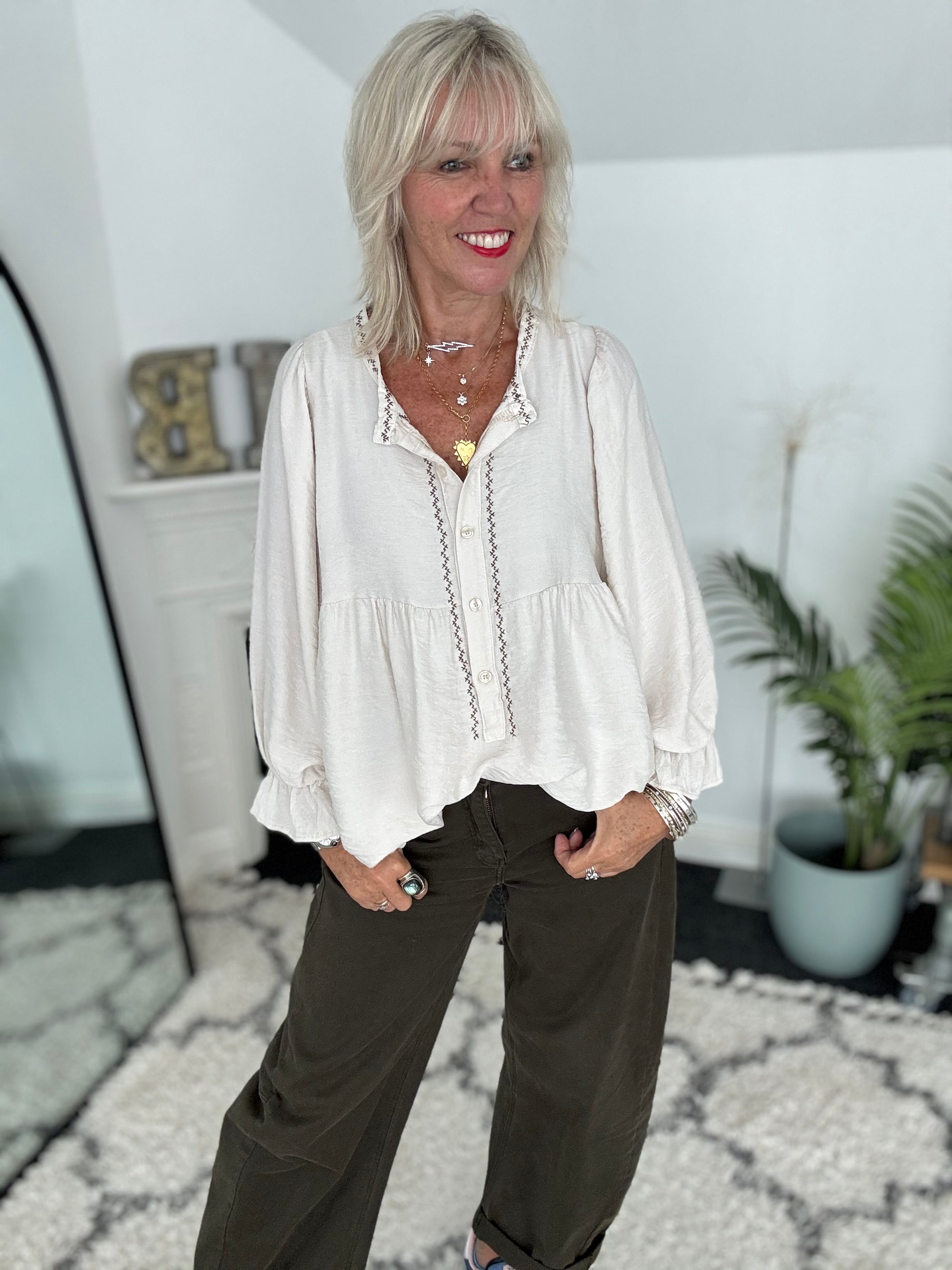 Luxe Blouse with Embroidery in Ecru