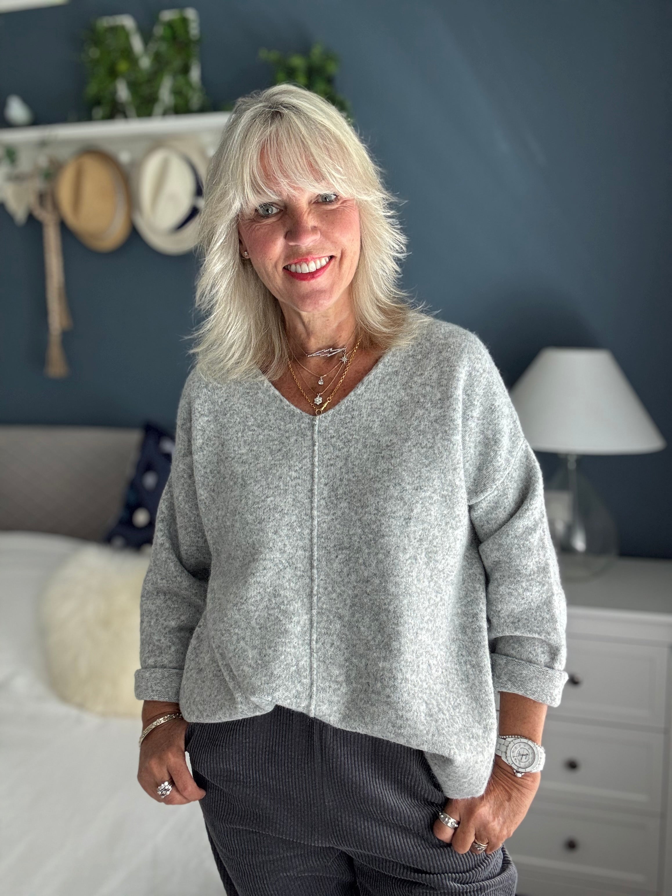 Seam Front V Neck Jumper in Marl Grey