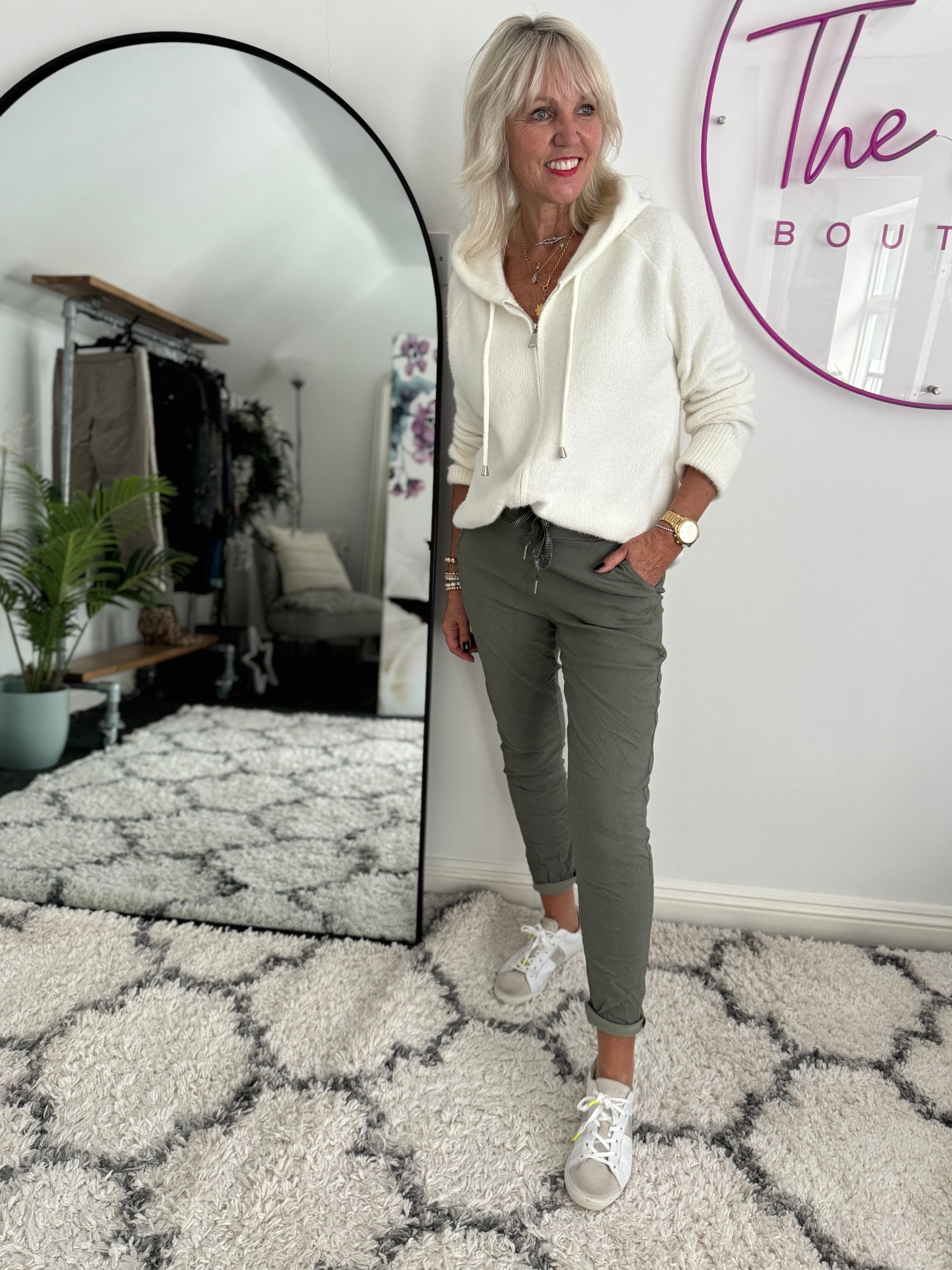 Super Stretch Joggers with Sparkly Tie in Khaki