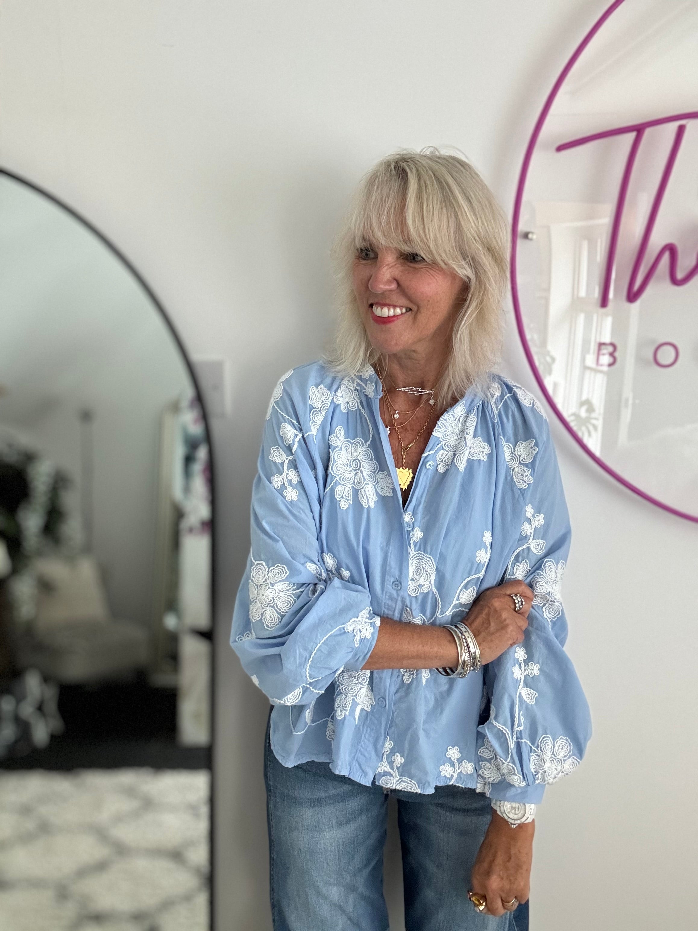 Luxe Embroidered Blouse & Rara in Blue