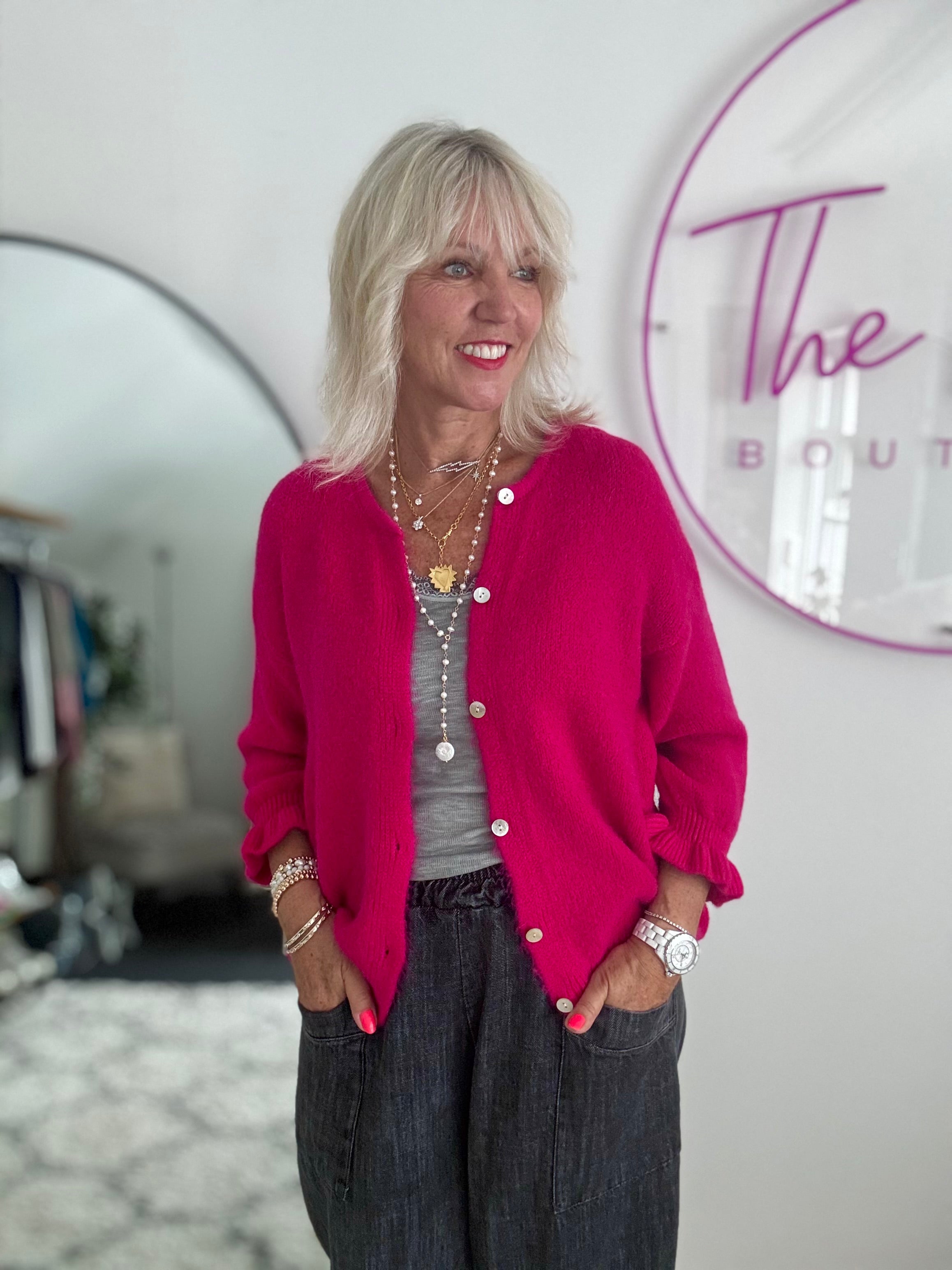 Alpaca Cardi with Frill Cuffs in Raspberry