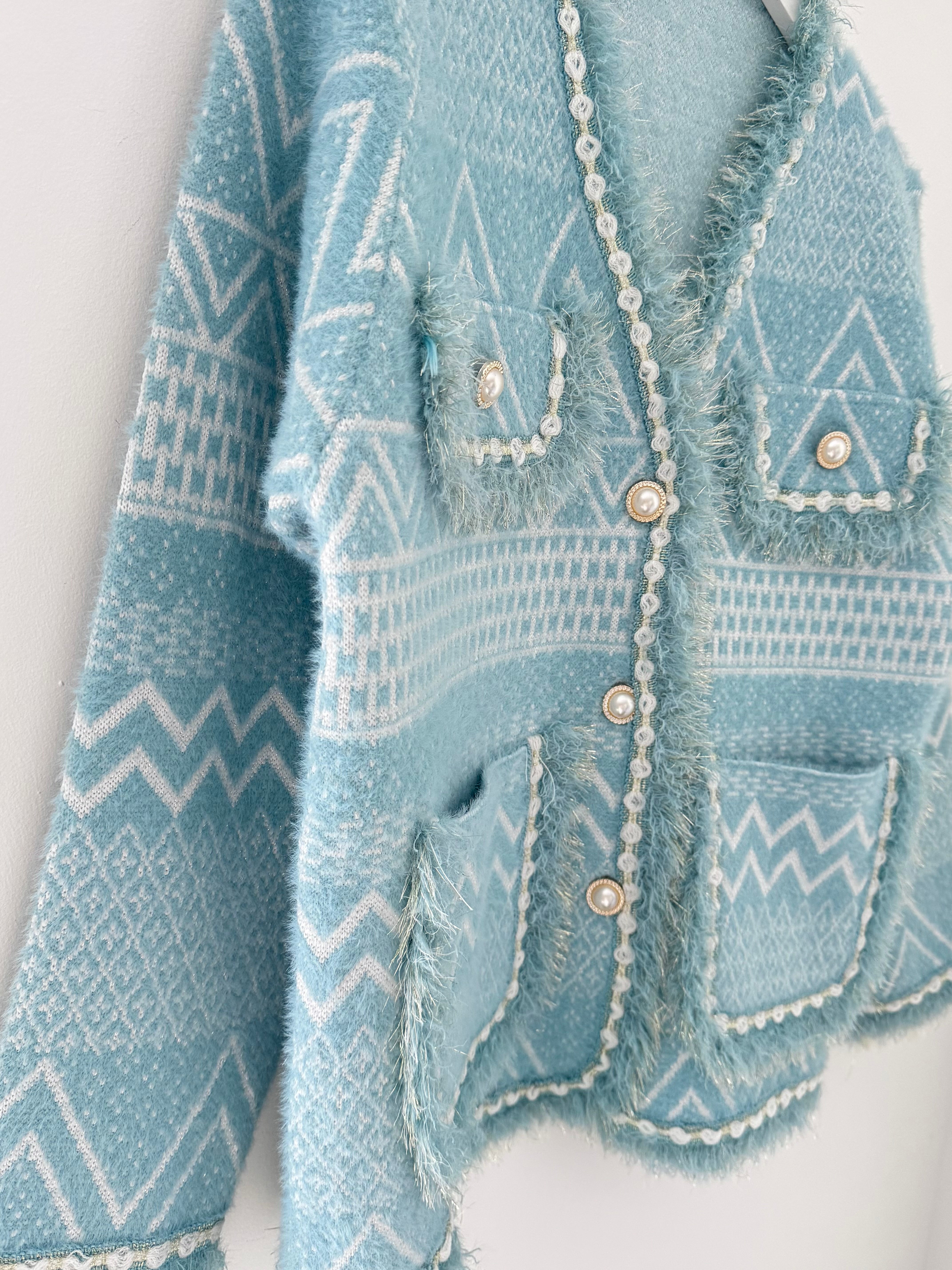Pearl Button & Tweed Cardi Jacket in Tiffany Blue