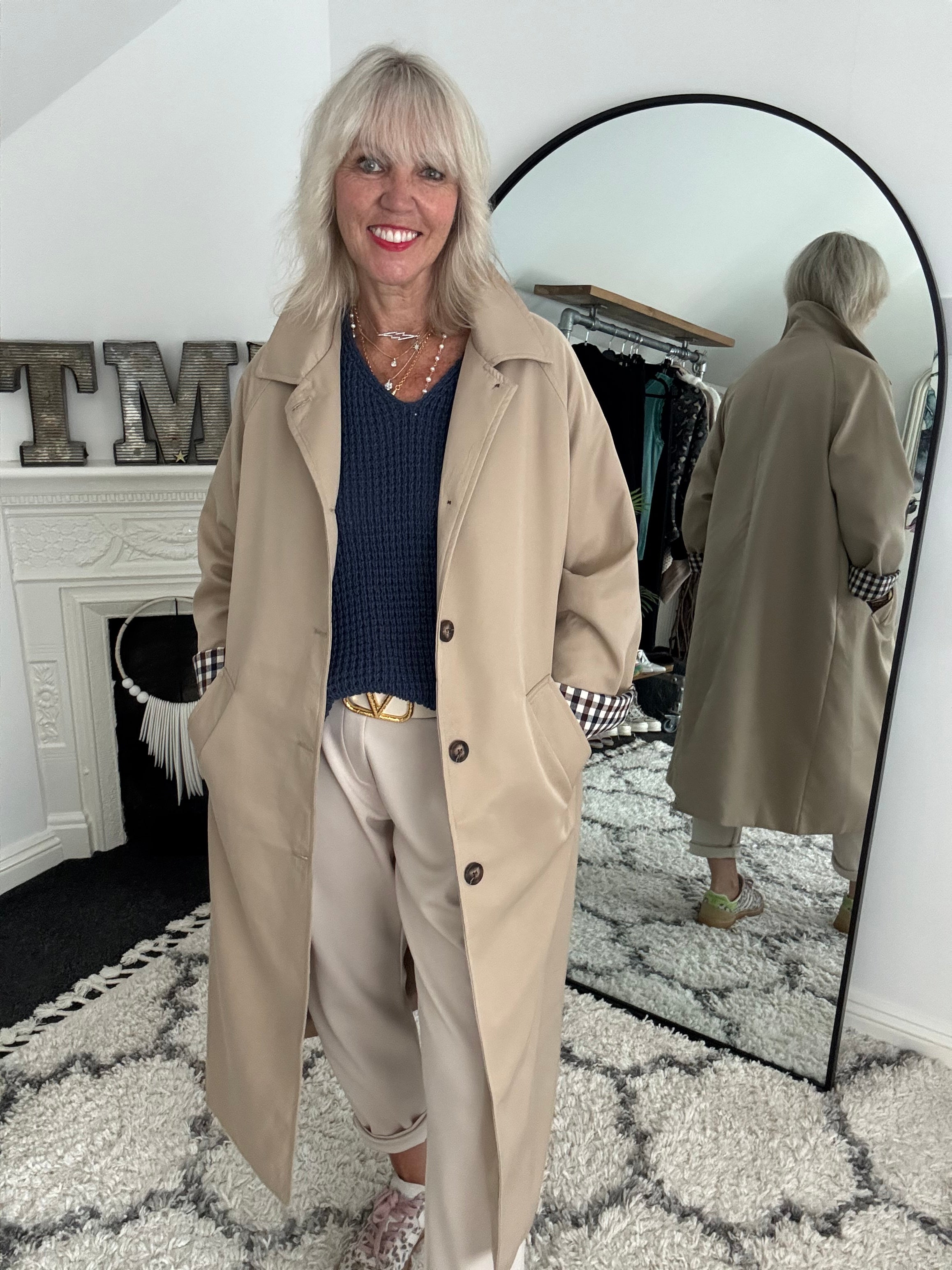 Long Line Trench with Gingham Cuffs