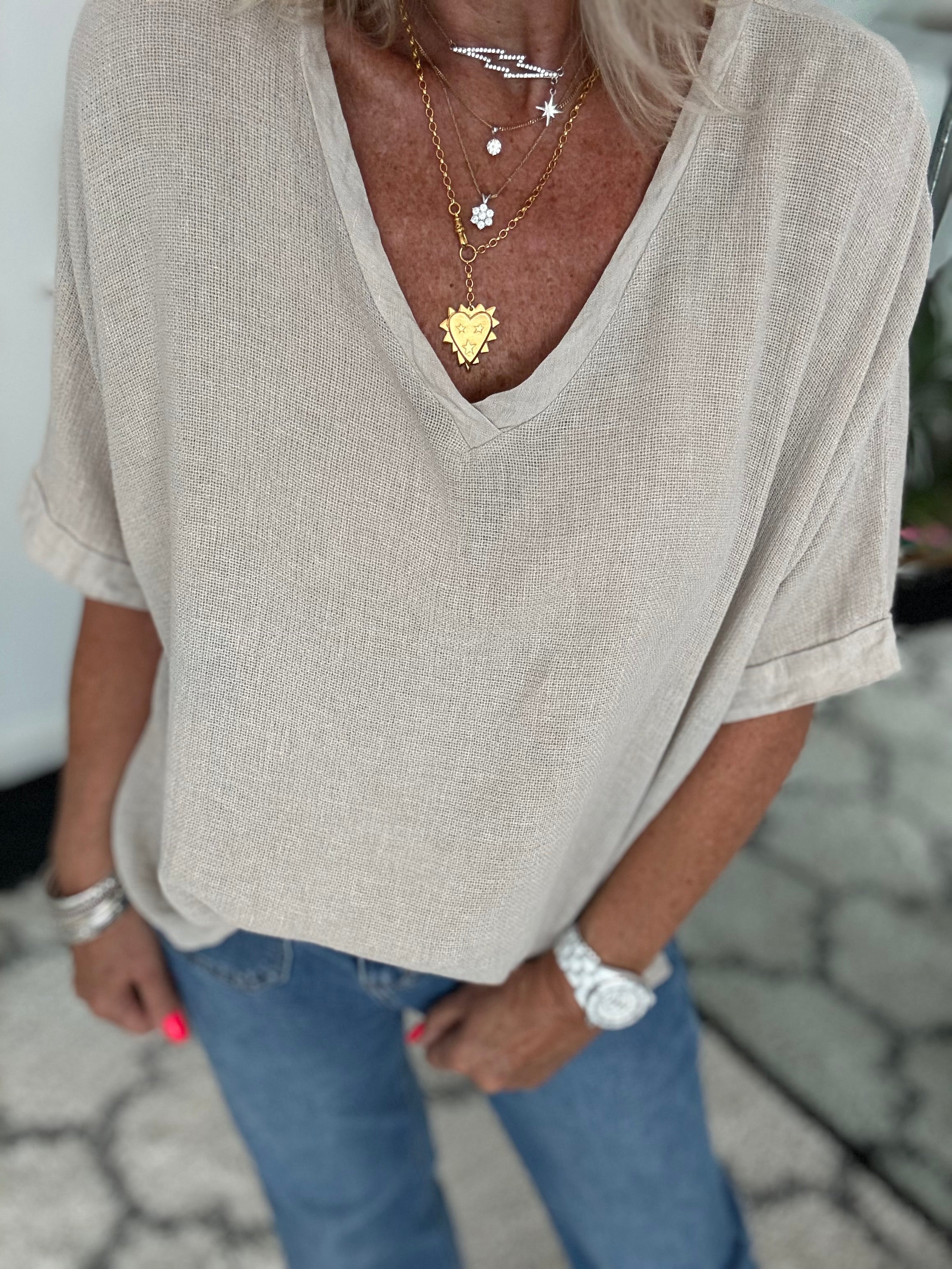 Linen & Cotton V Neck Top in Mocha