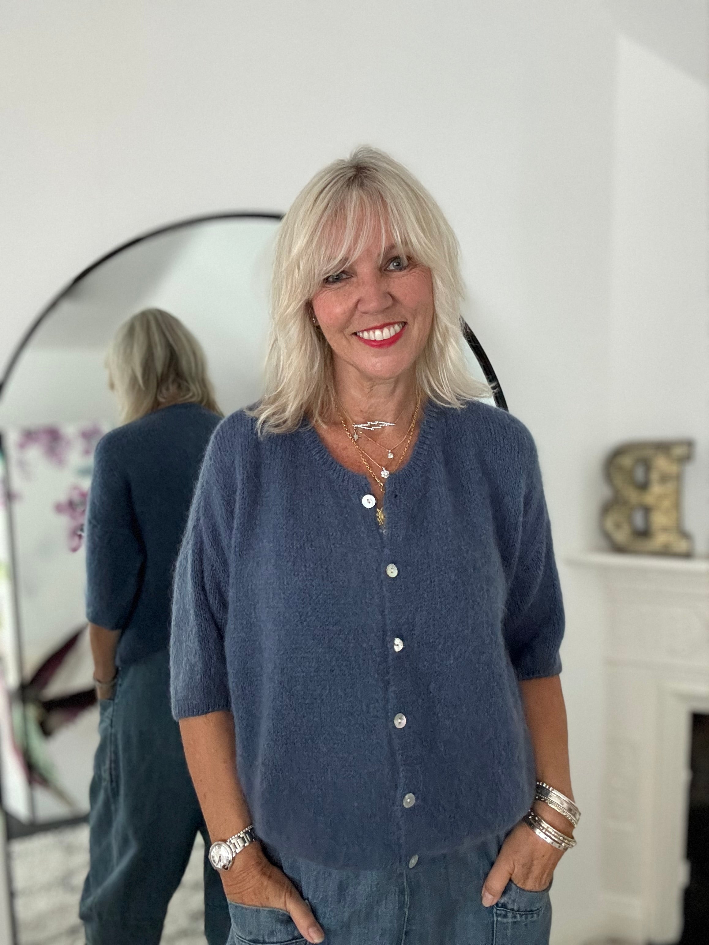 Cropped Sleeve Buttoned Cardi in Soft Denim
