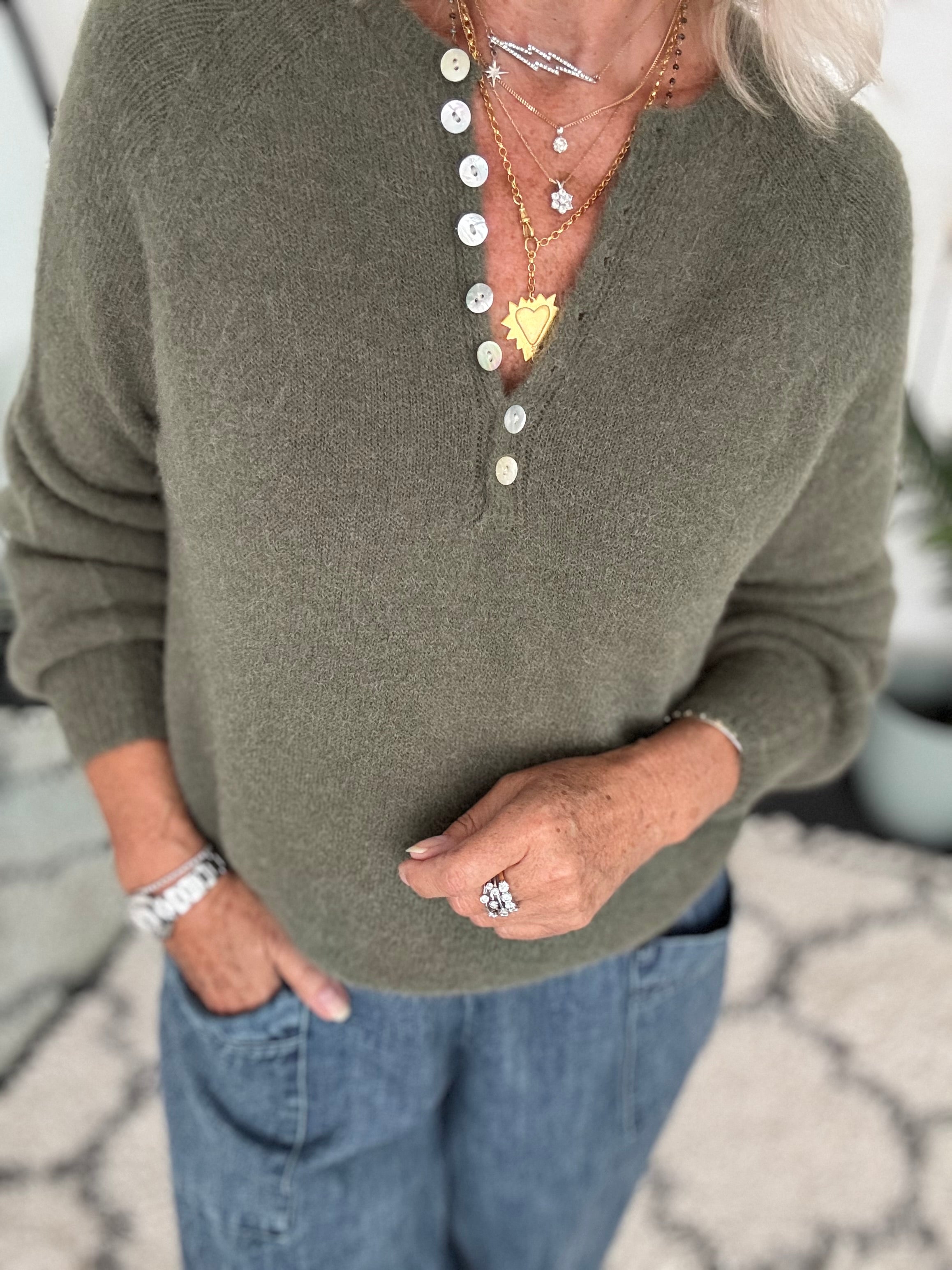 Softie Jumper with Button Neck in Khaki