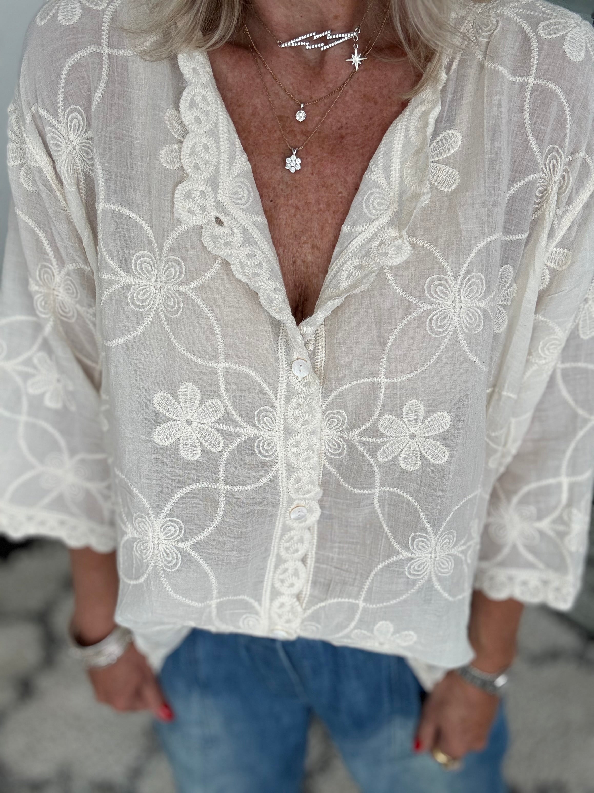 Buttoned Lace Top in Ecru
