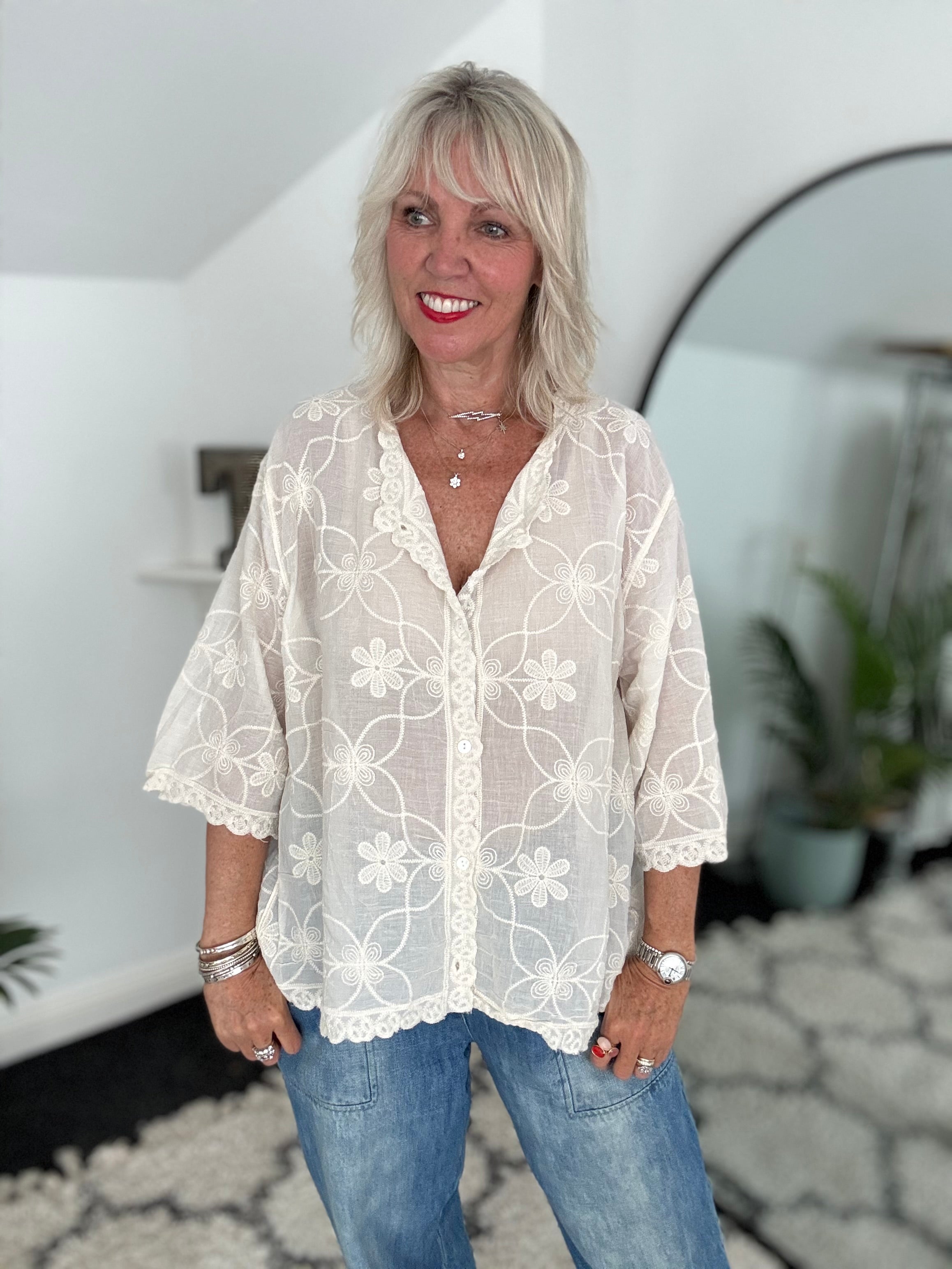 Buttoned Lace Top in Ecru