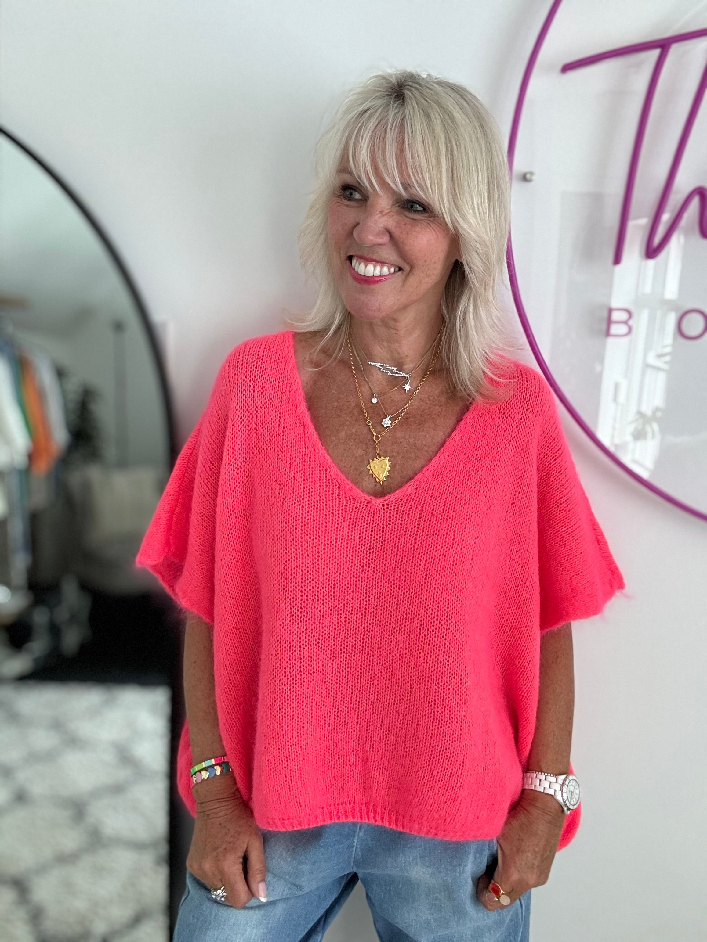 Mohair V Neck Tank in Neon Coral