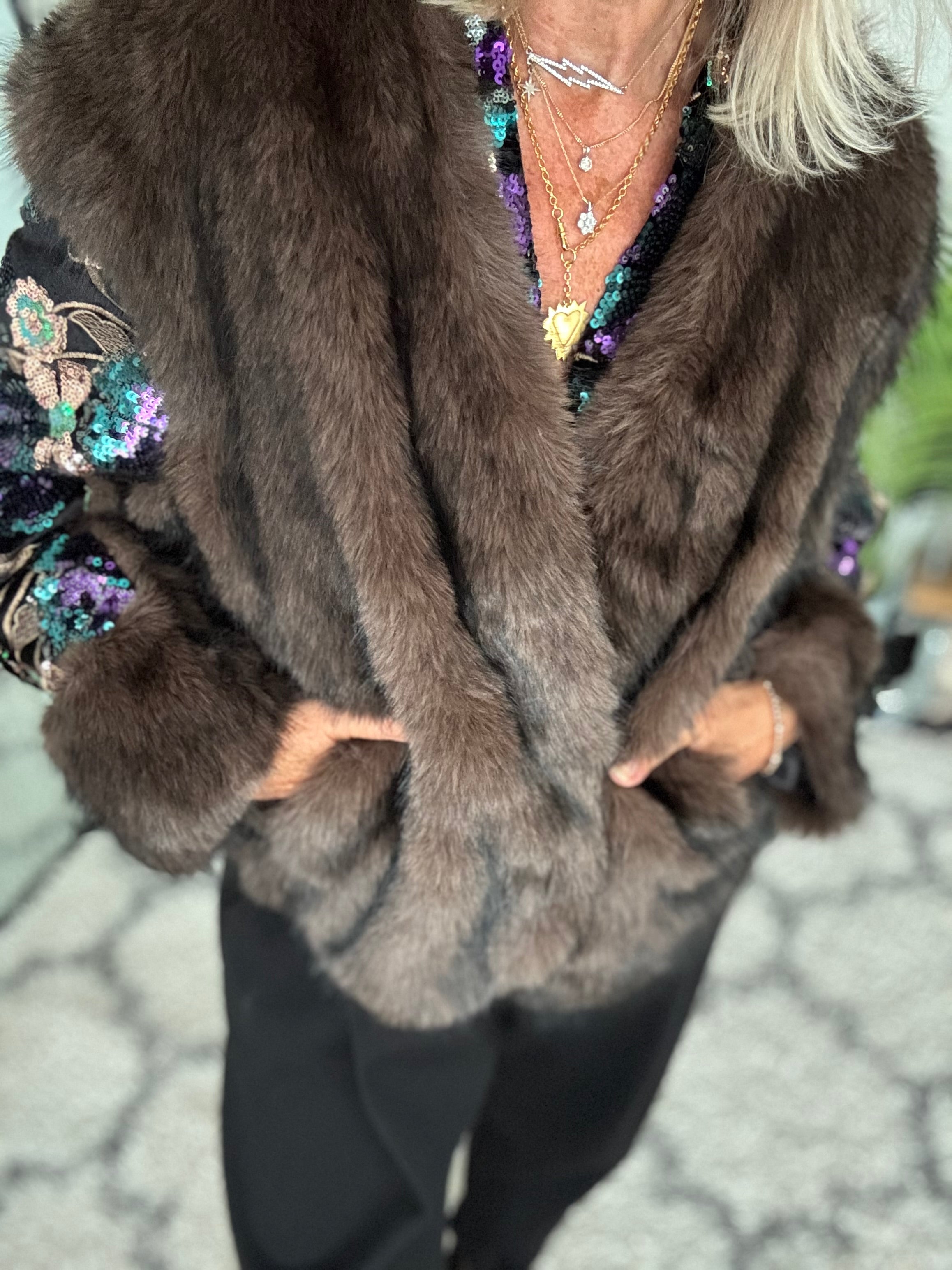 Faux Fur Jacket with Sequin Sleeves