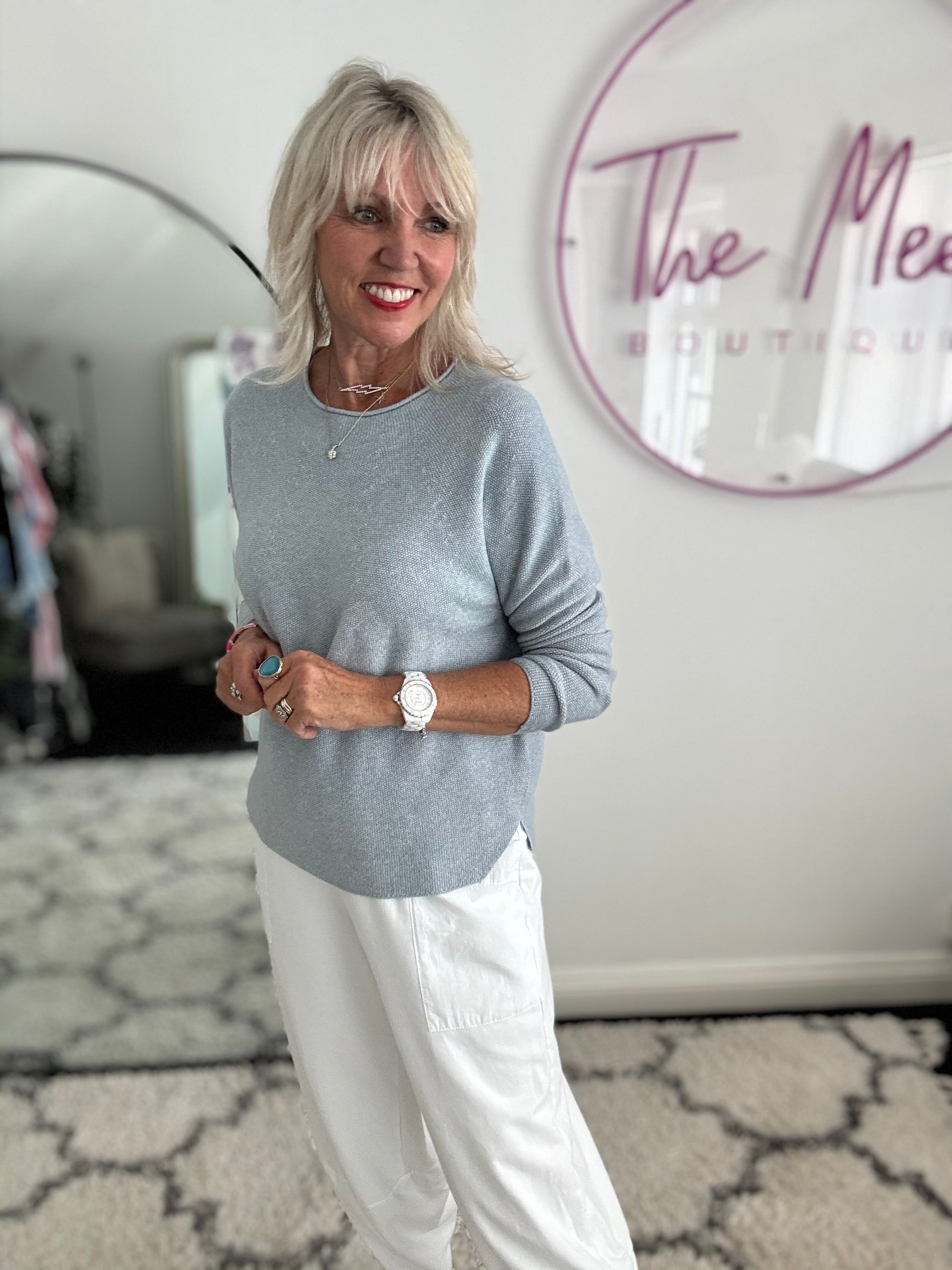 Moss Stitch Jumper with Ladder Back in Eggshell
