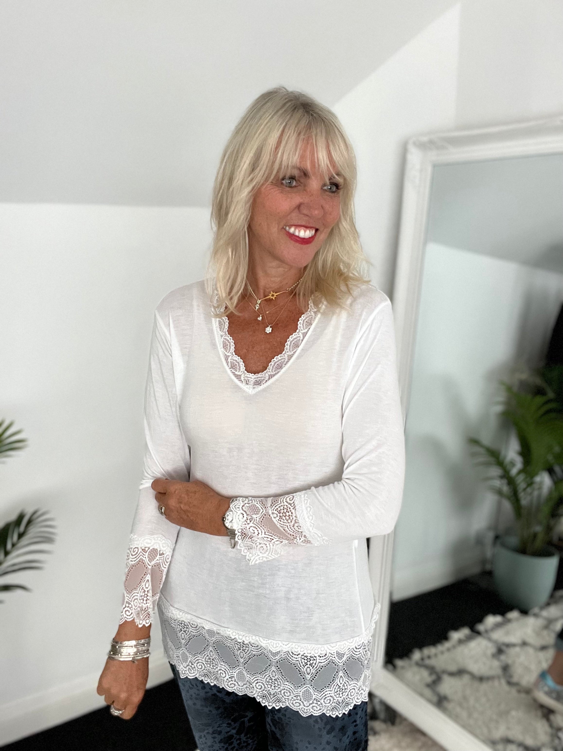 Luxe Base Top with Lace Trim in White
