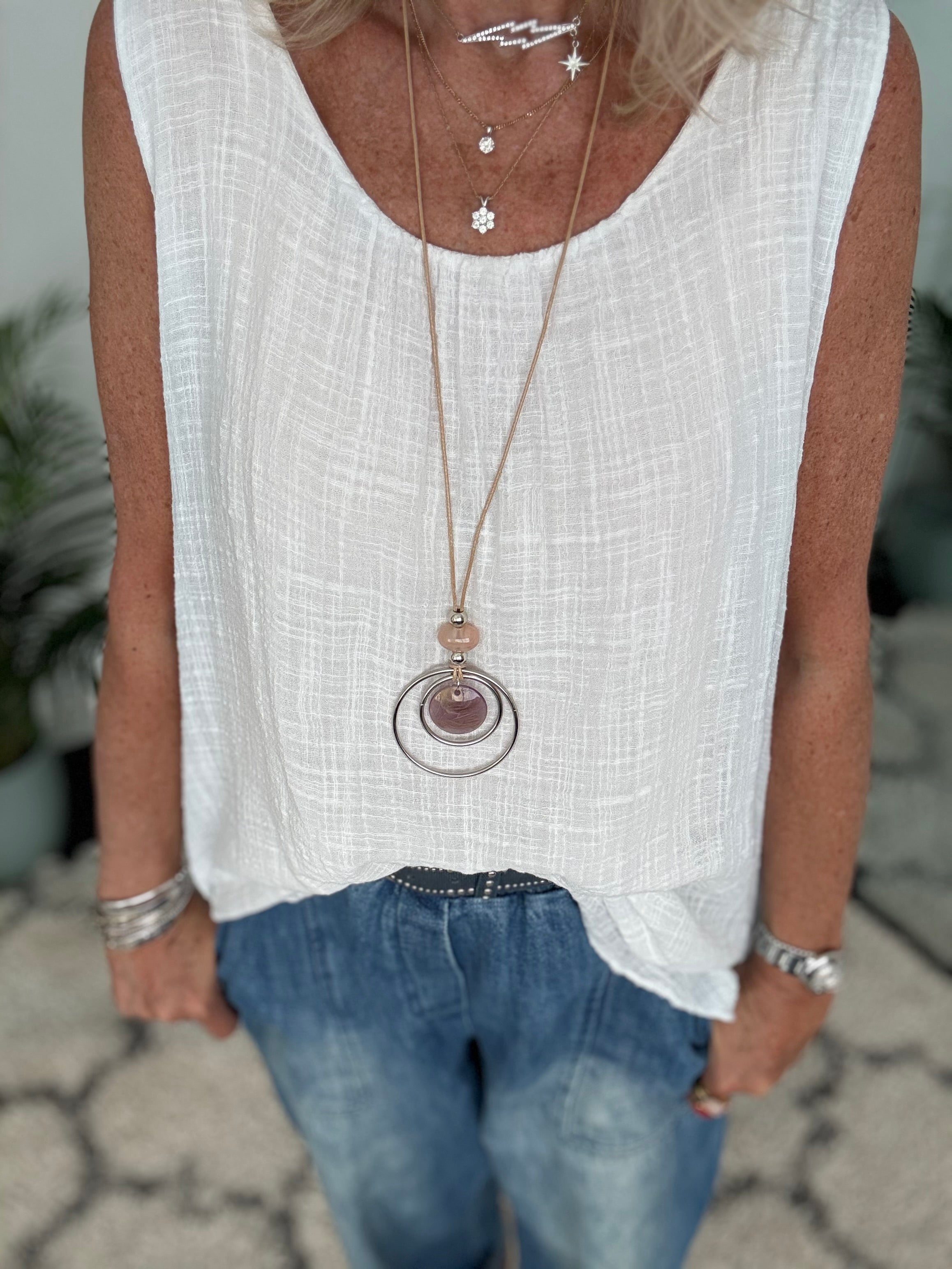 Cotton Top with Necklace in White