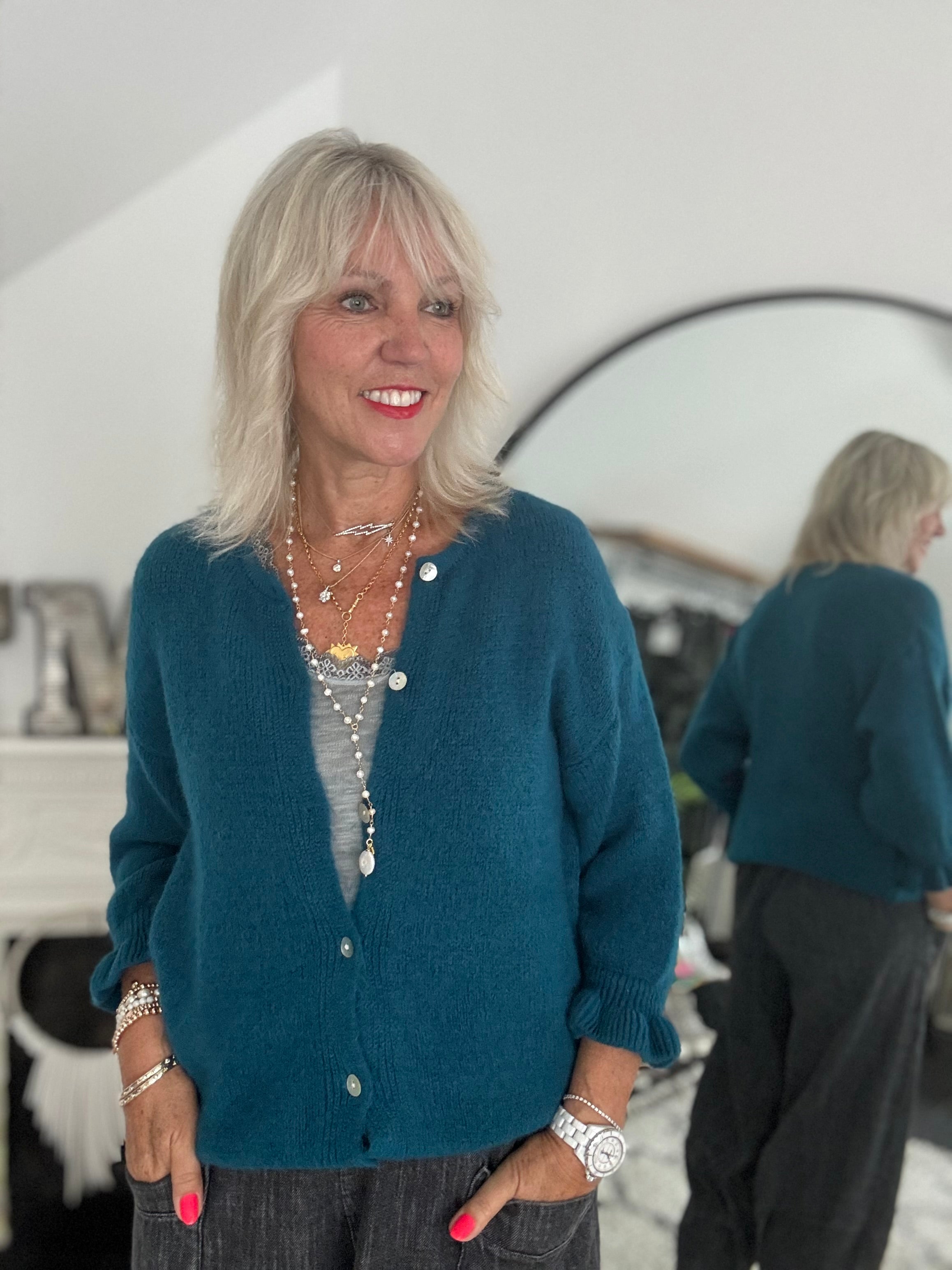 Alpaca Cardi with Frill Cuffs in Teal