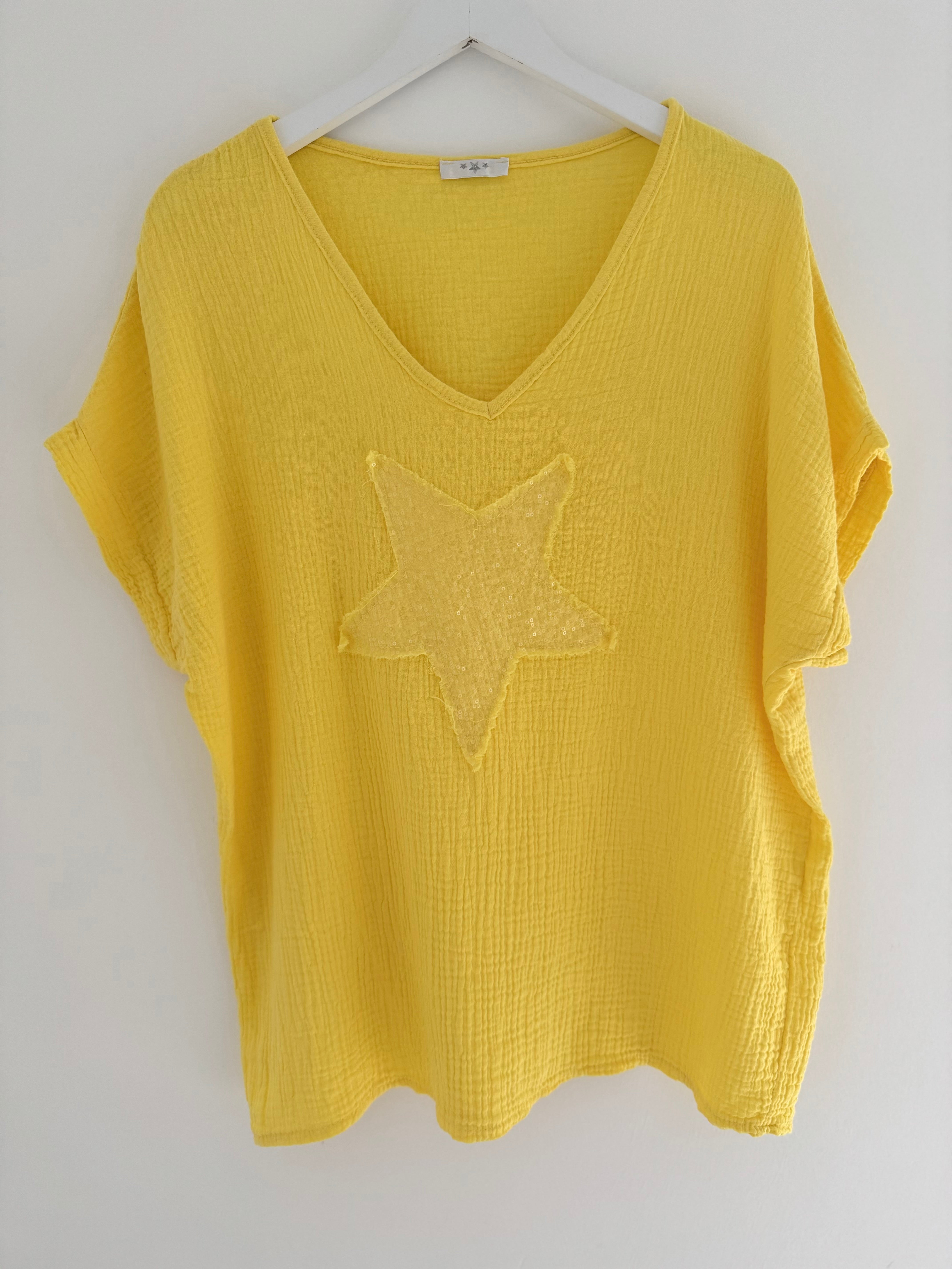 Cheesecloth Sequin Star Top in Sunshine Yellow
