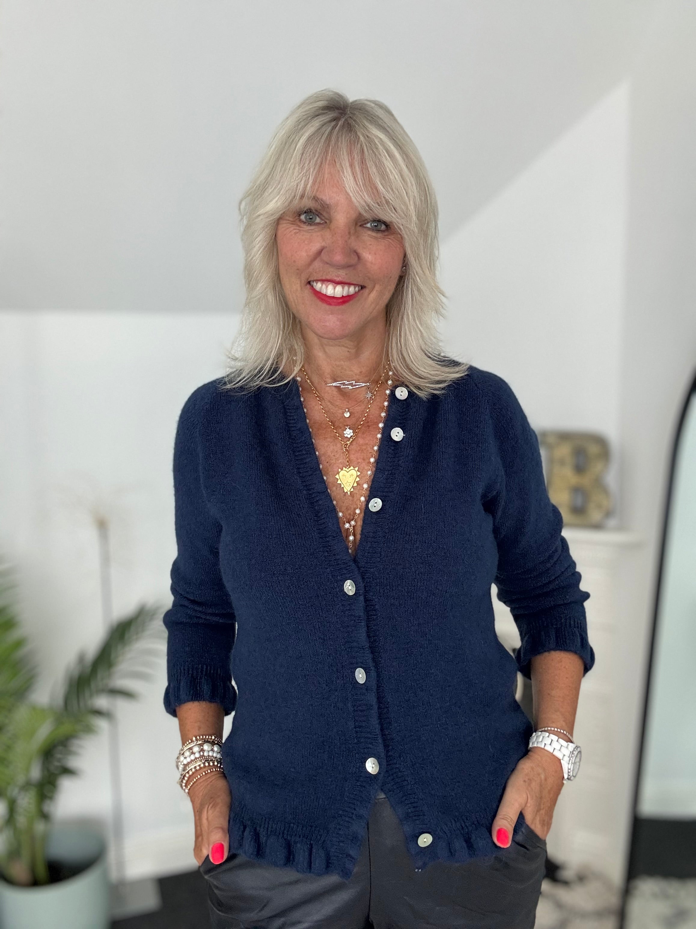 Alpaca Cardi with Frill Hems in Navy