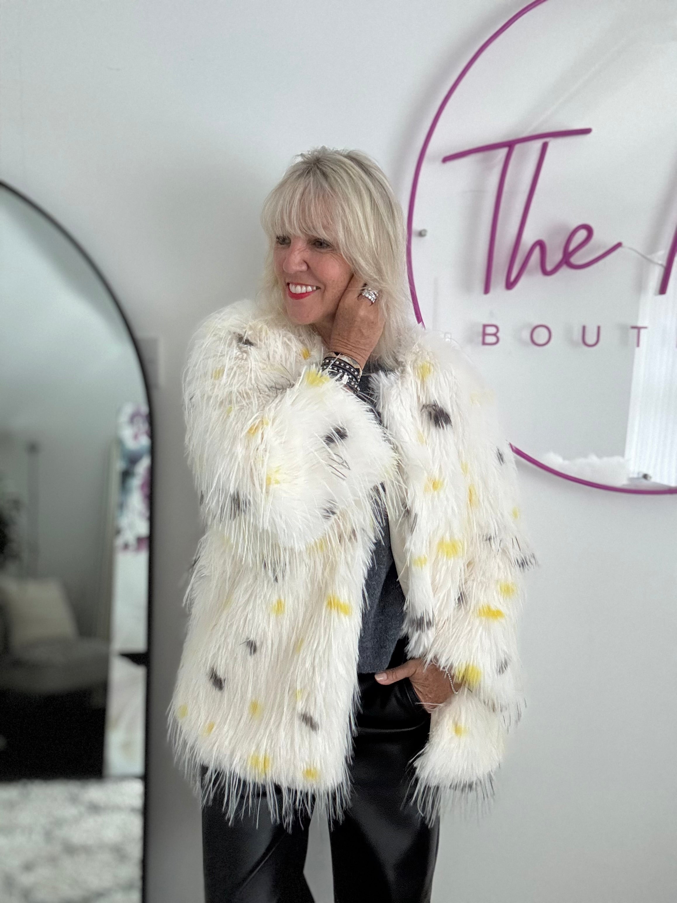 Faux Fur Spot Jacket in Yellow & Charcoal