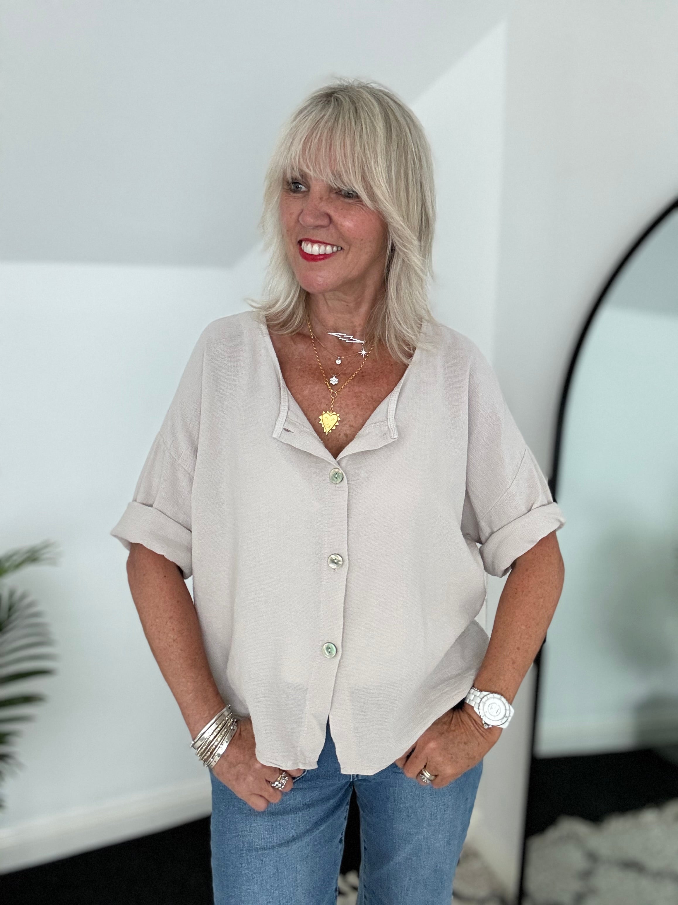 Cotton Buttoned Top in Stone