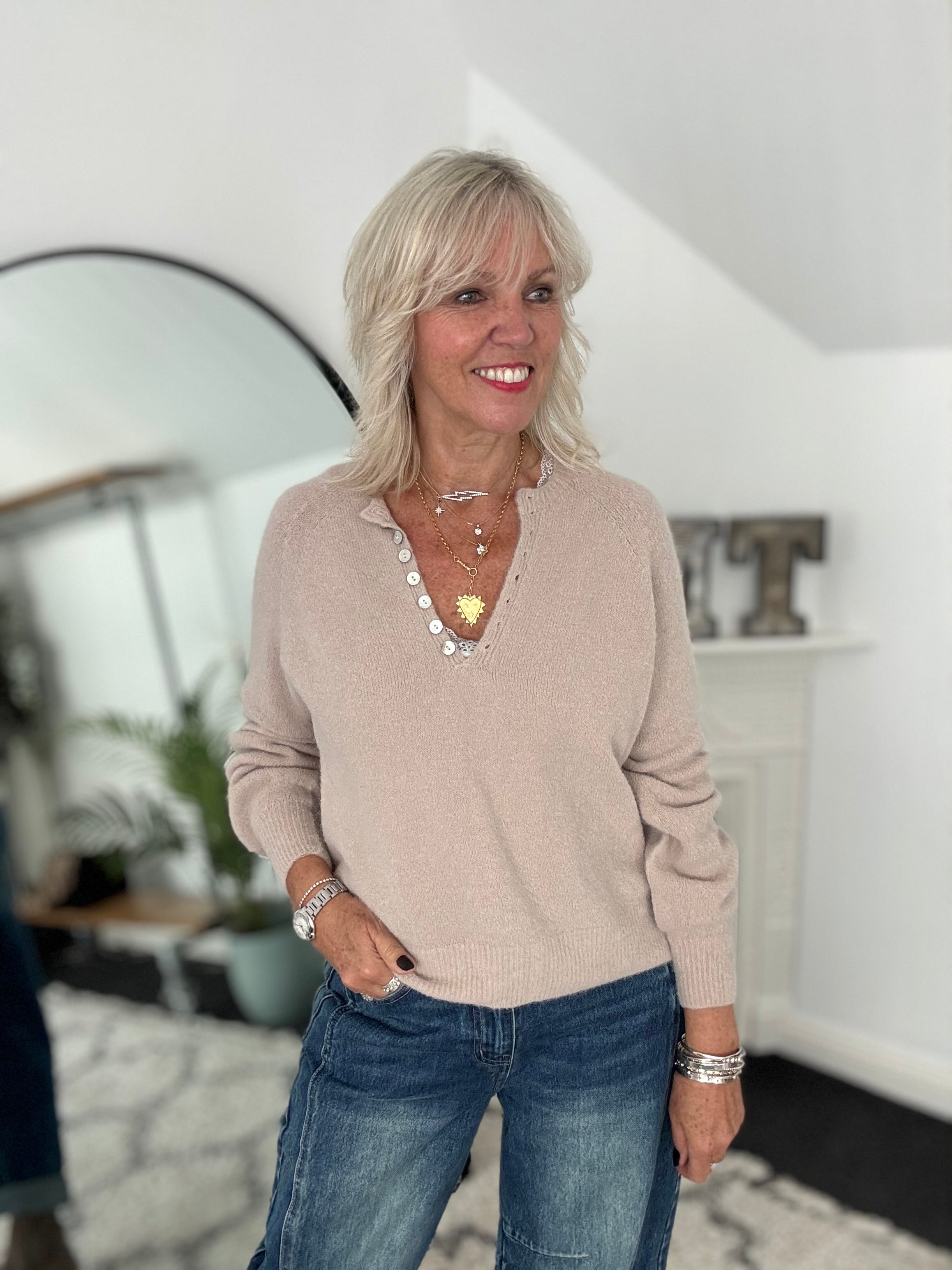 Softie Jumper with Button Neck in Stone