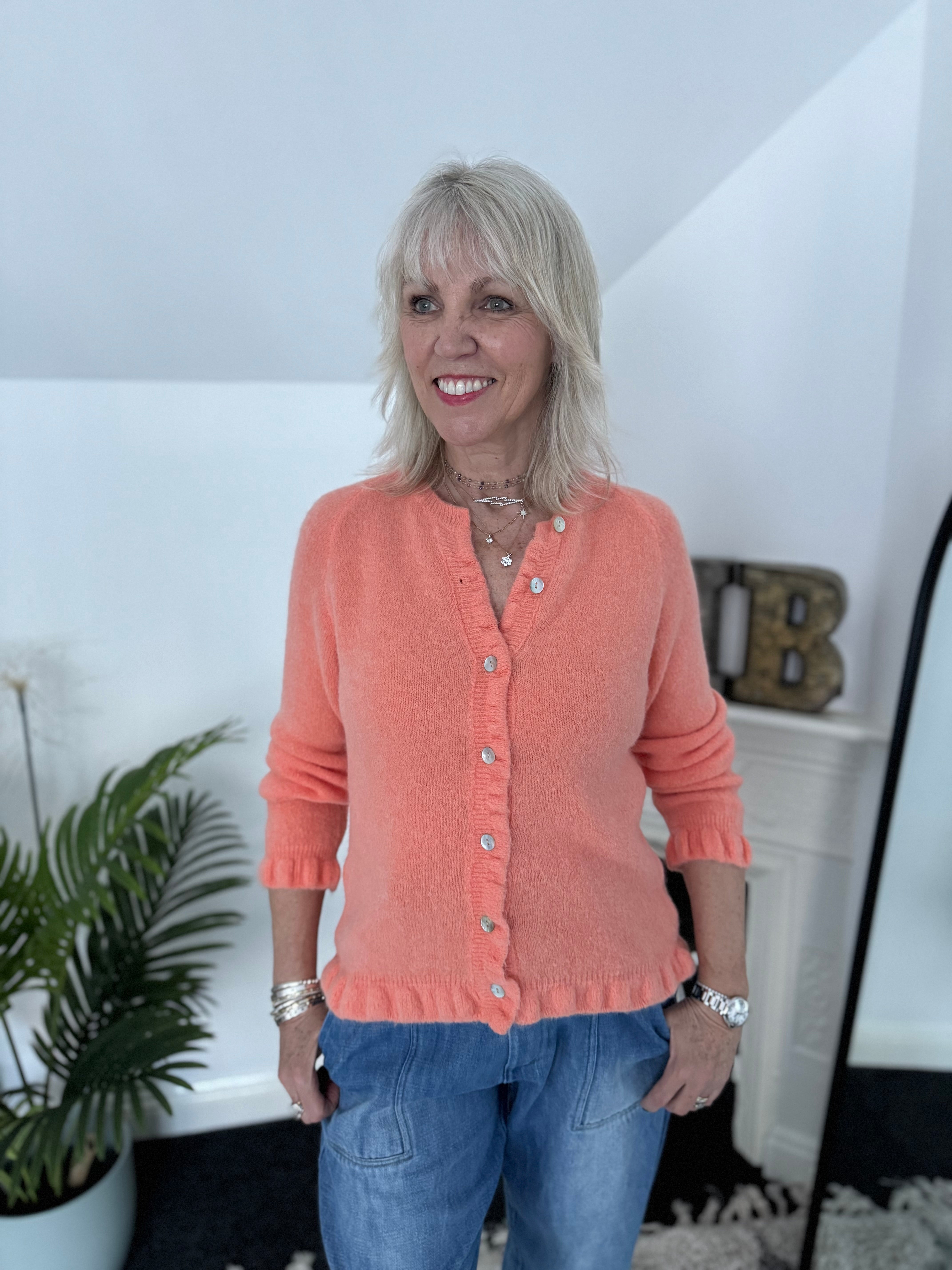 Alpaca Cardi with Frill Hems in Soft Tangerine