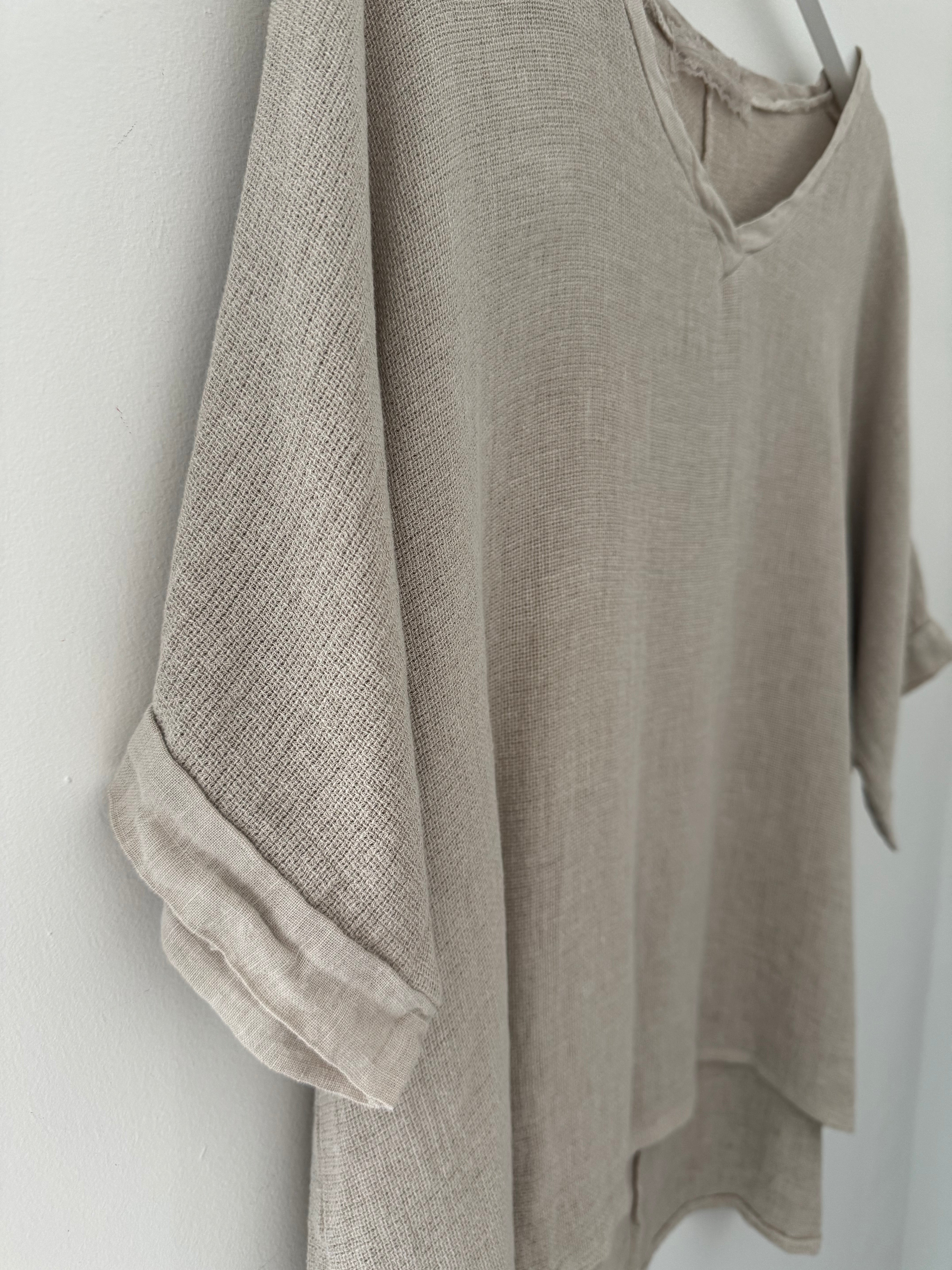 Linen & Cotton V Neck Top in Mocha
