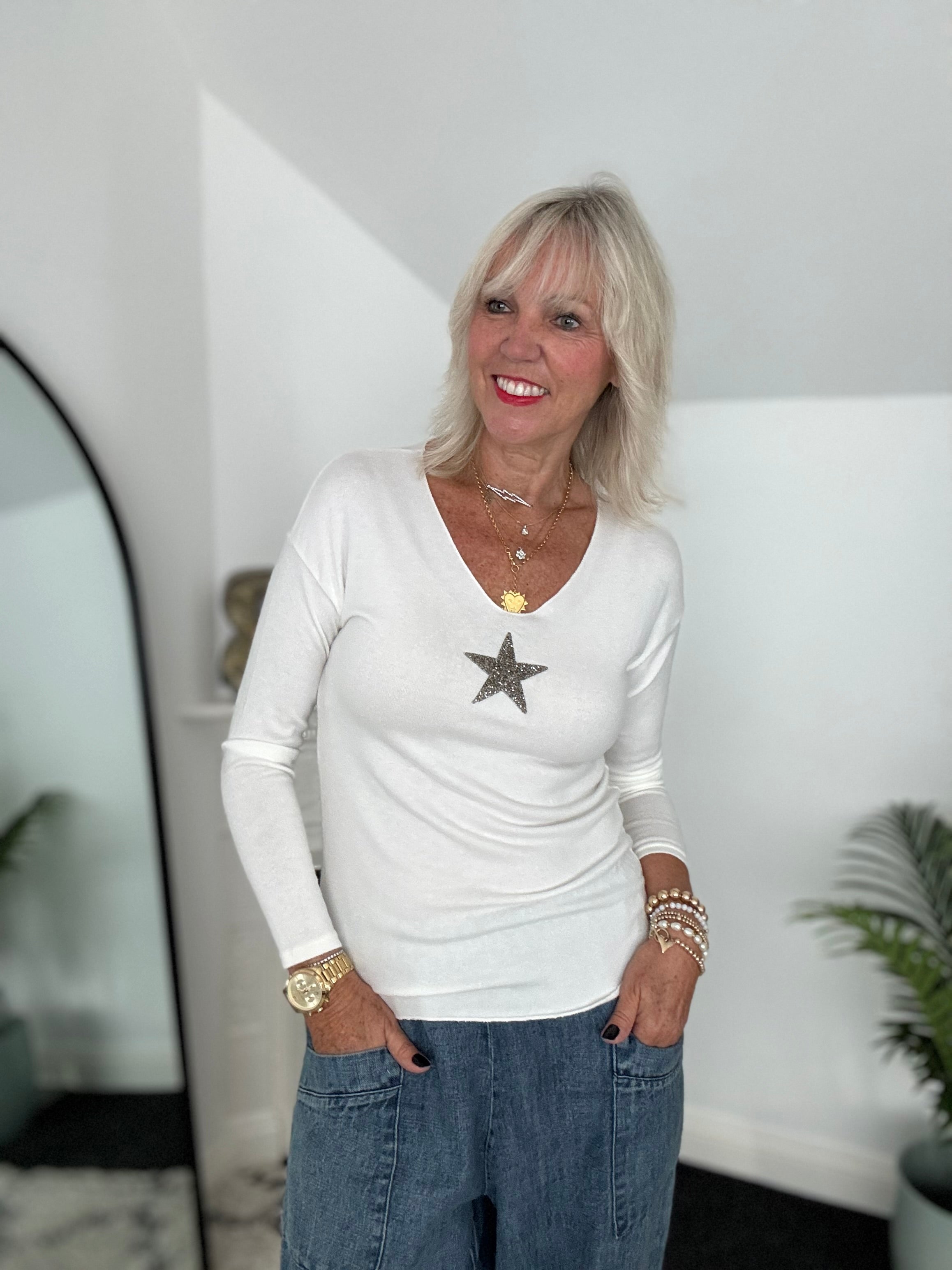Slimfit Glitter Star Jumper in Ivory