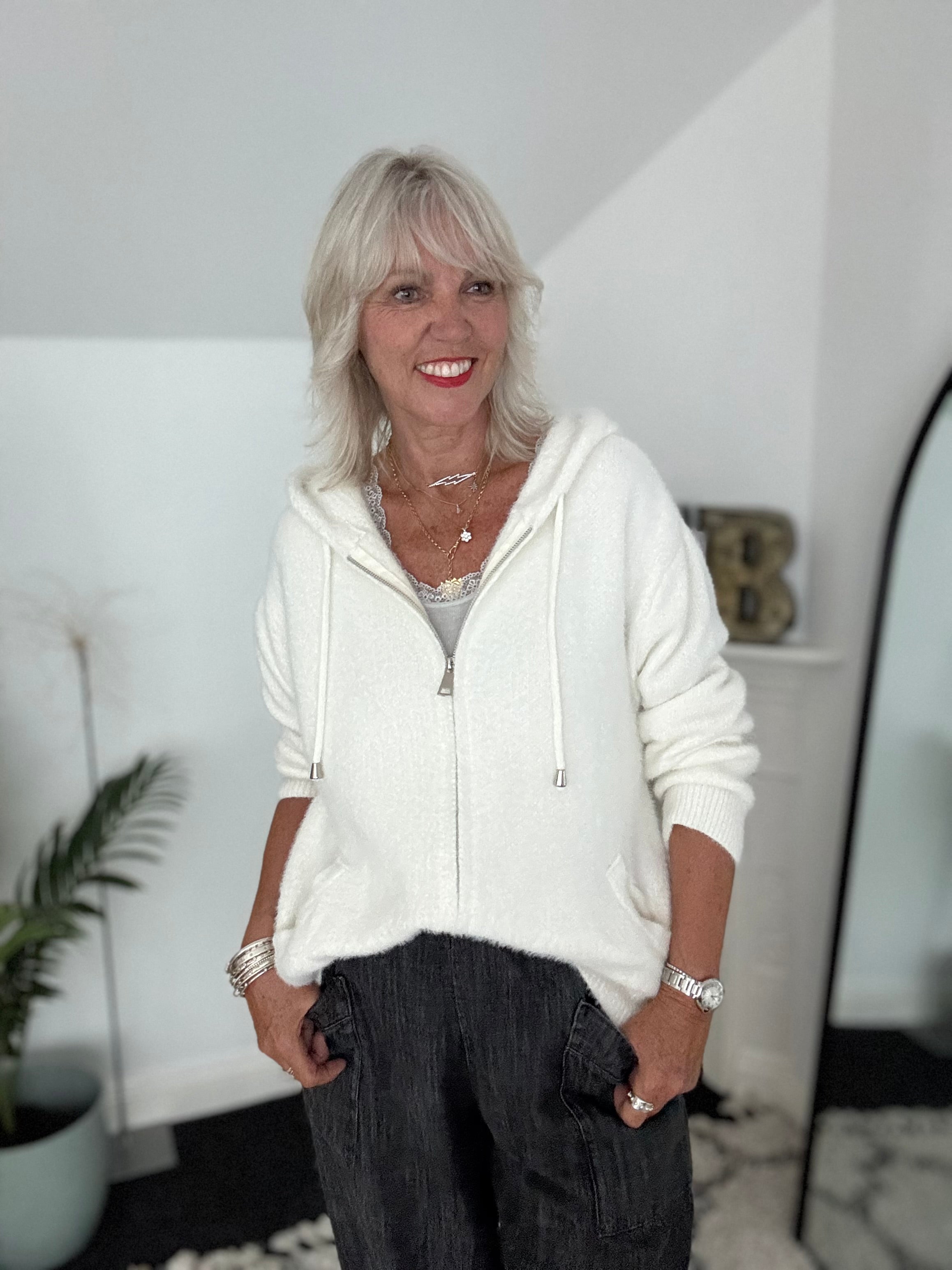 Soft Hooded Knit with Pockets in Ivory