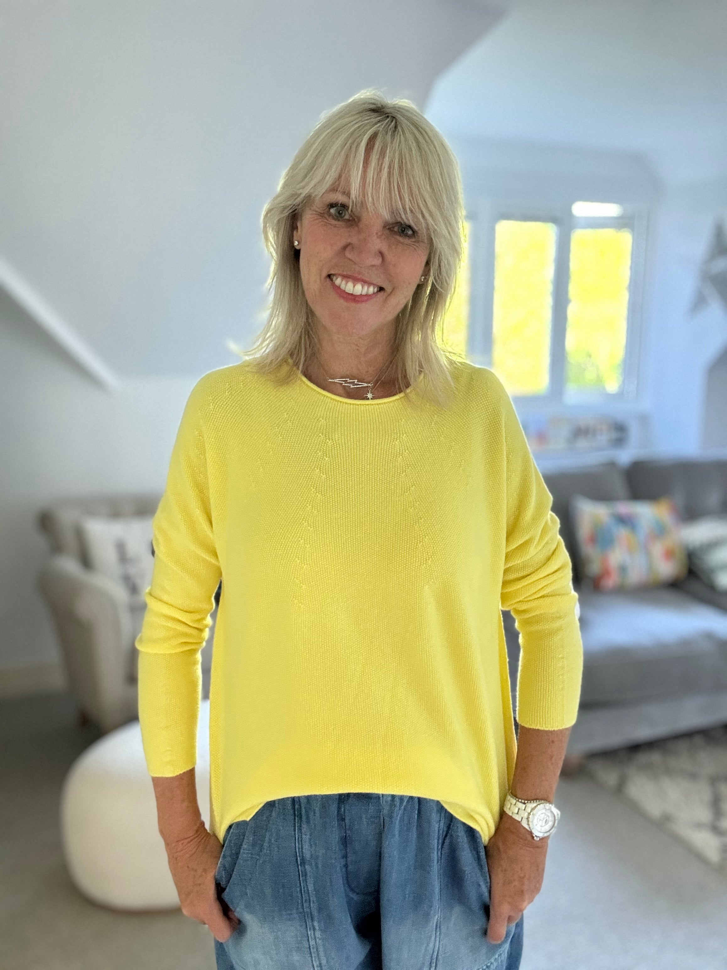 Moss Stitch Jumper with Ladder Back in Yellow