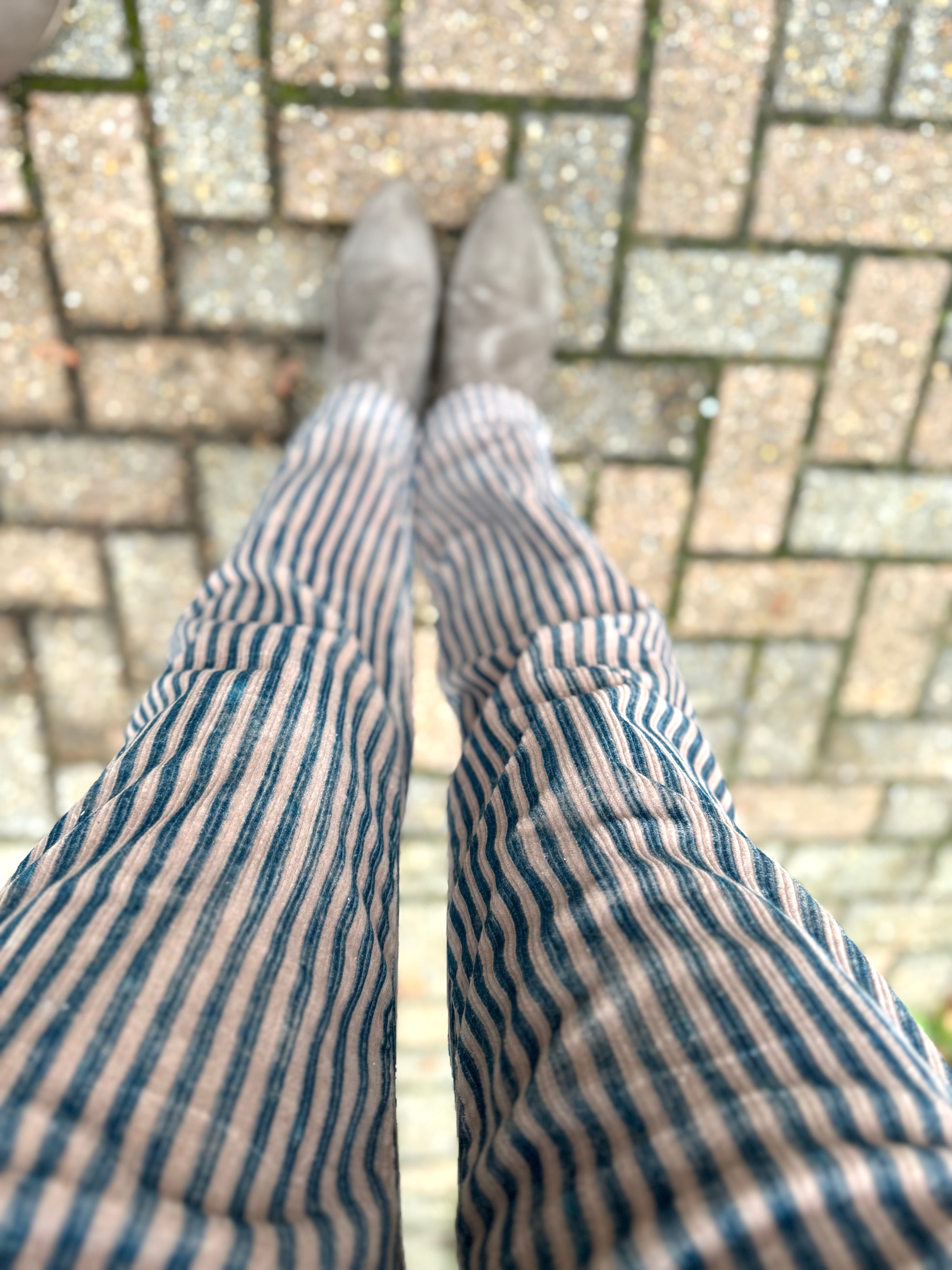 Chenille Cord Joggers in Mocha & Teal Stripe