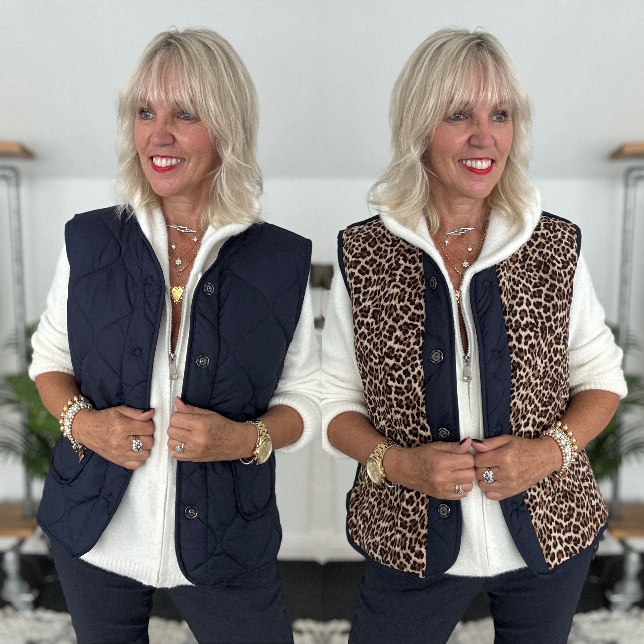 Reversible Quilted Gilet in Navy & Leopard