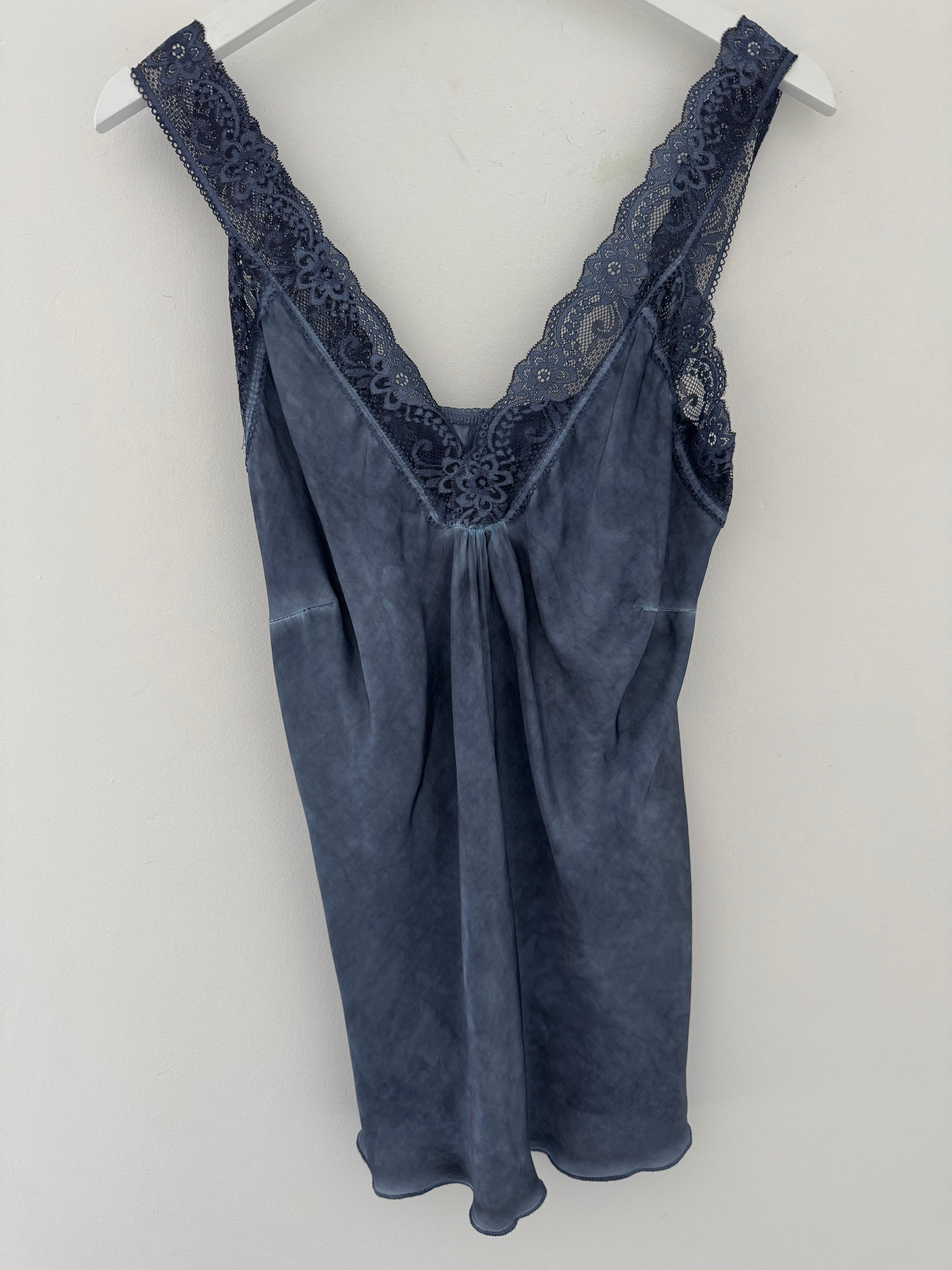 Lace Trim Silky Vest in Dark Denim