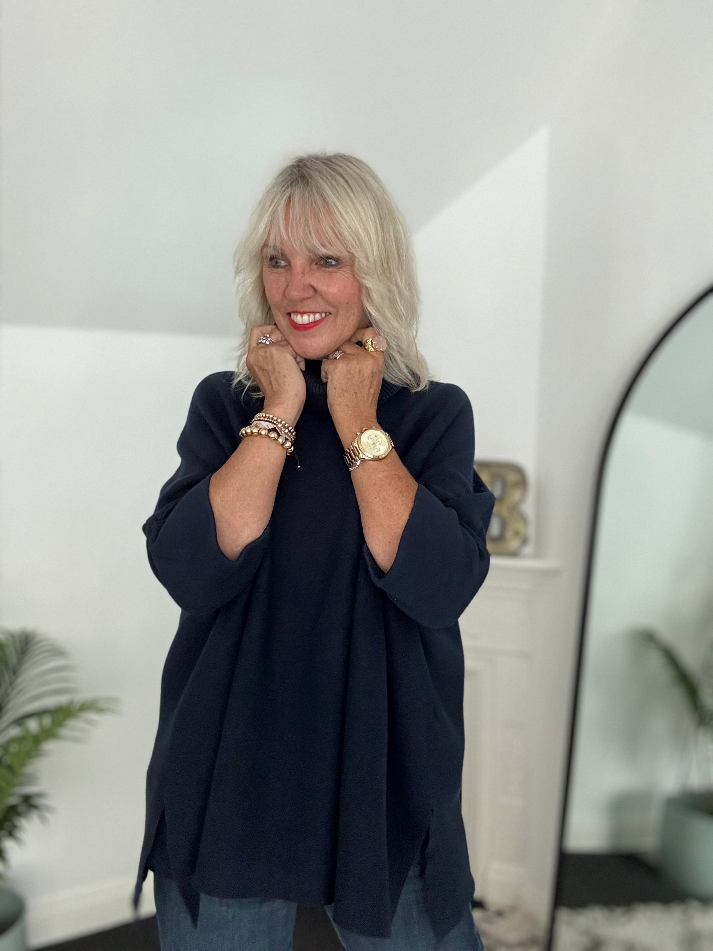 Oversized Roll Neck Poncho Jumper in Ink