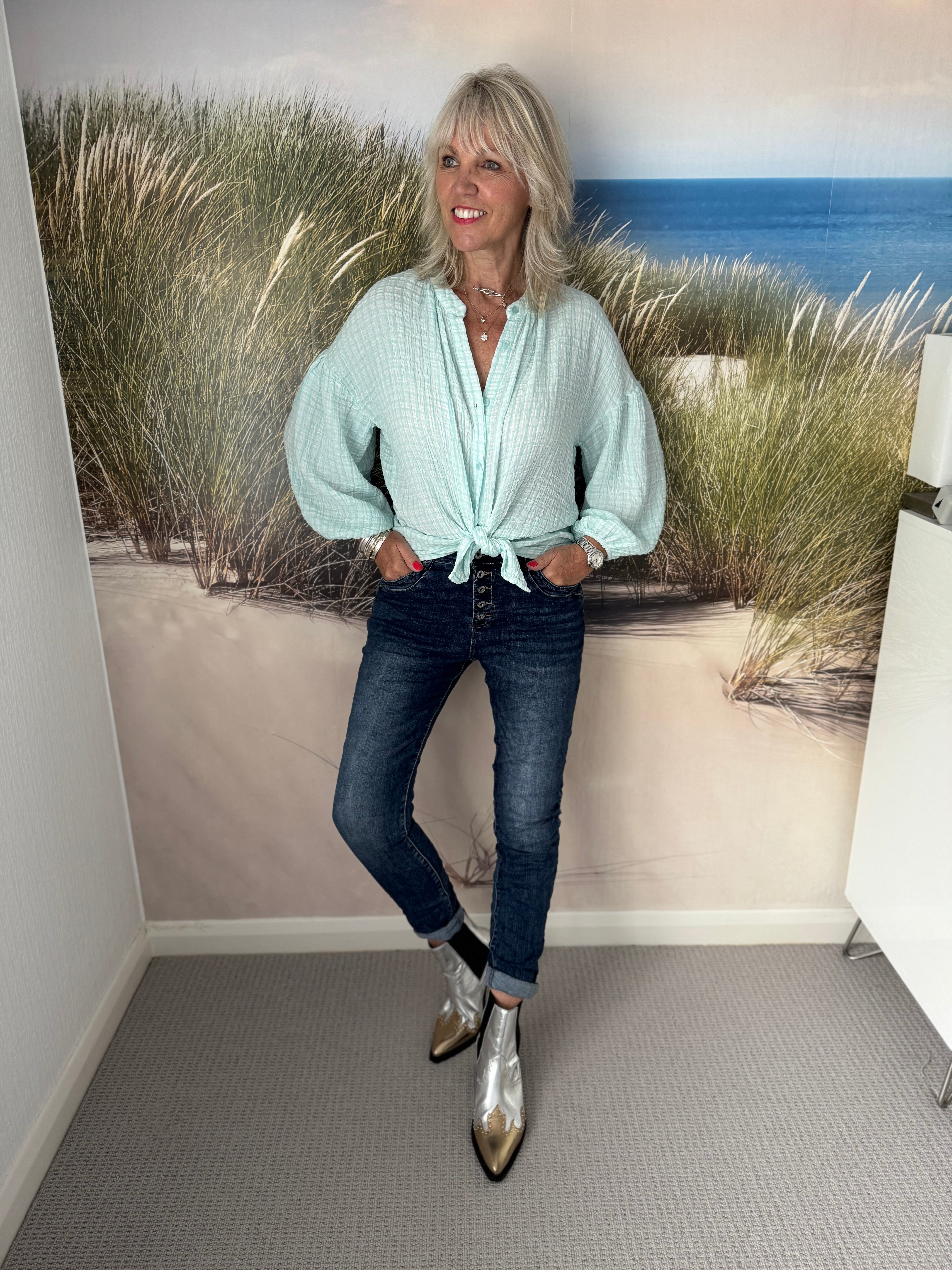 Gingham Seersucker Blouse in Aqua