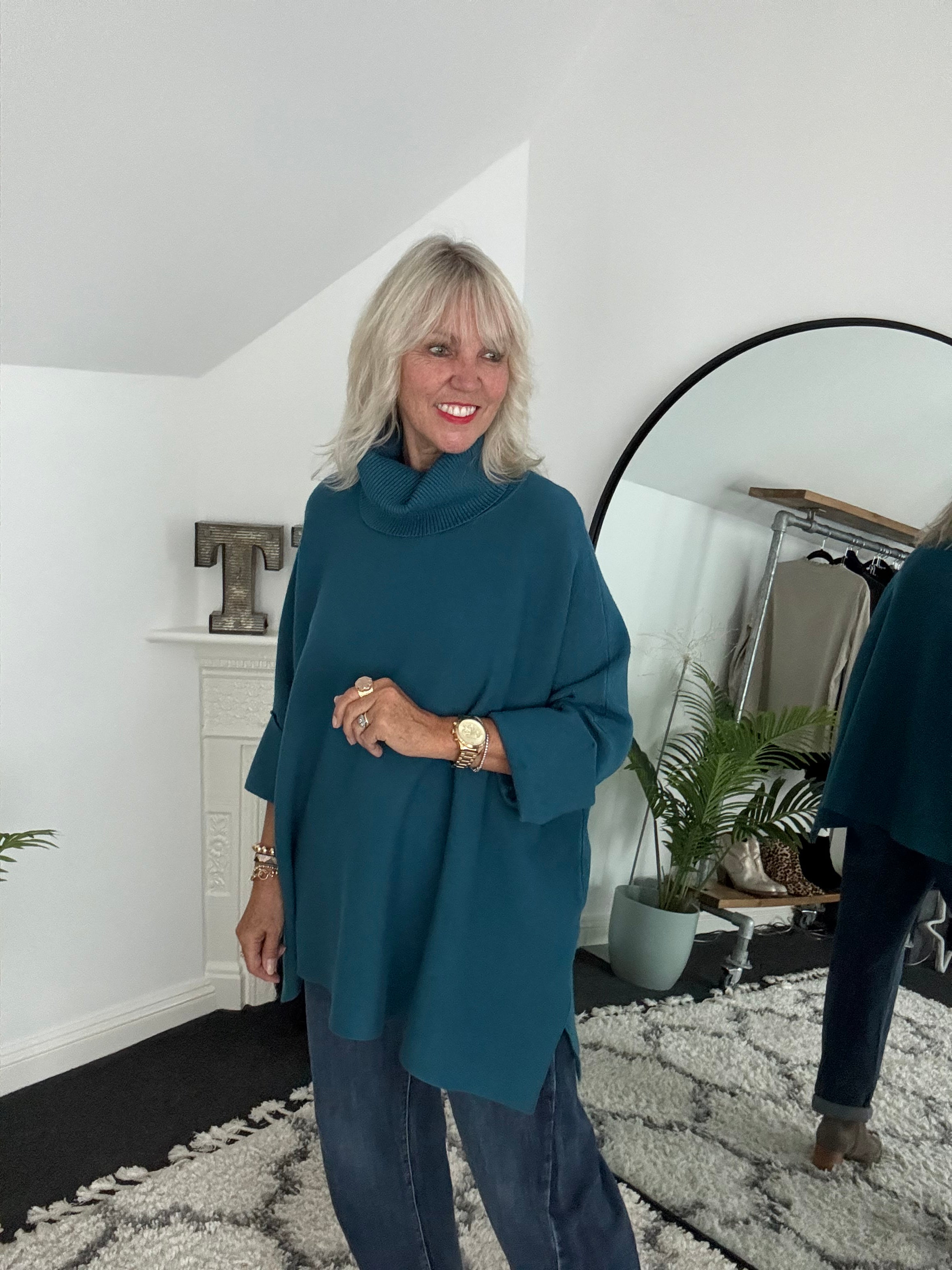 Oversized Roll Neck Poncho Jumper in Teal