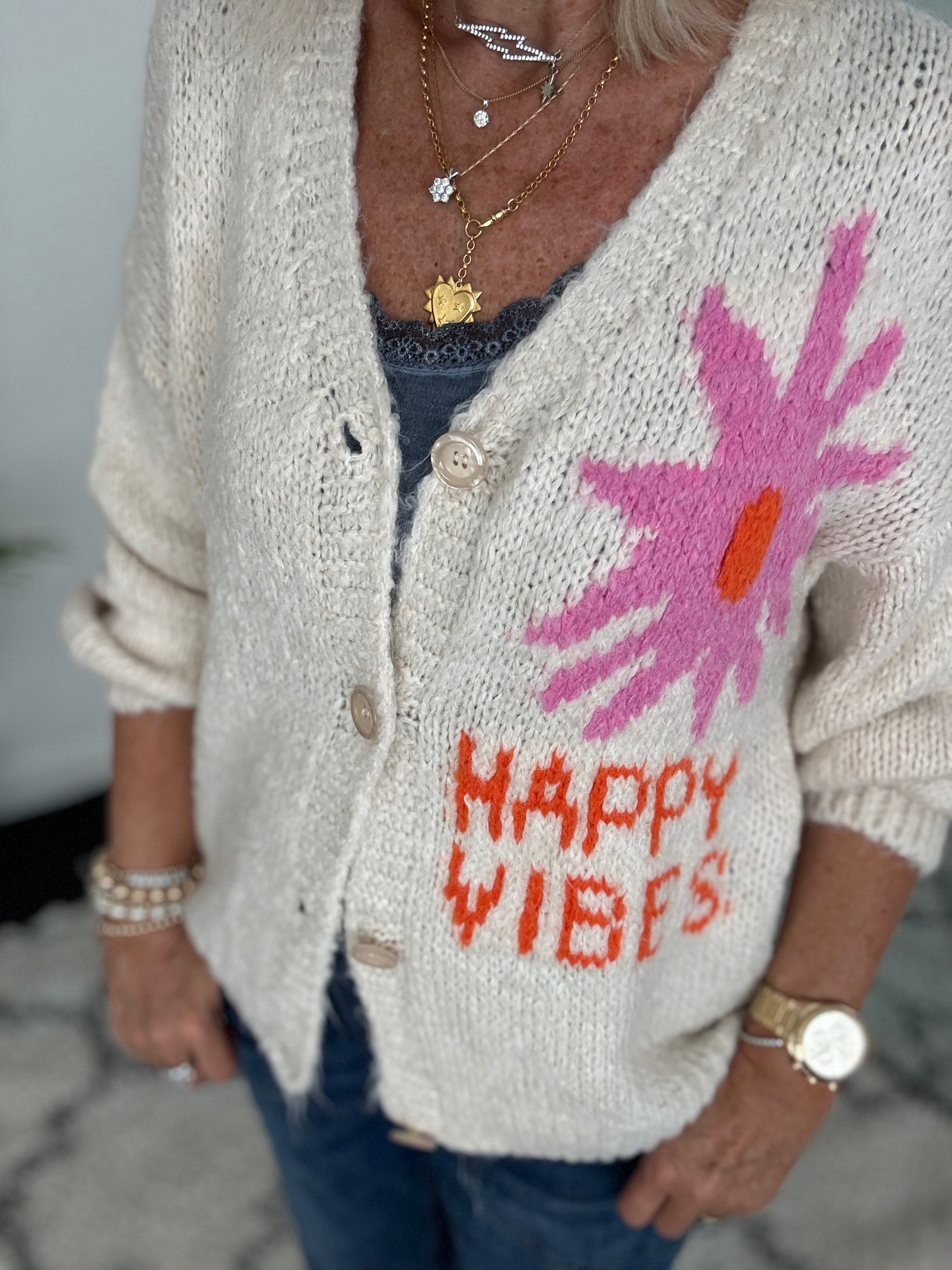 Oversized Happy Vibes Cardi in Stone