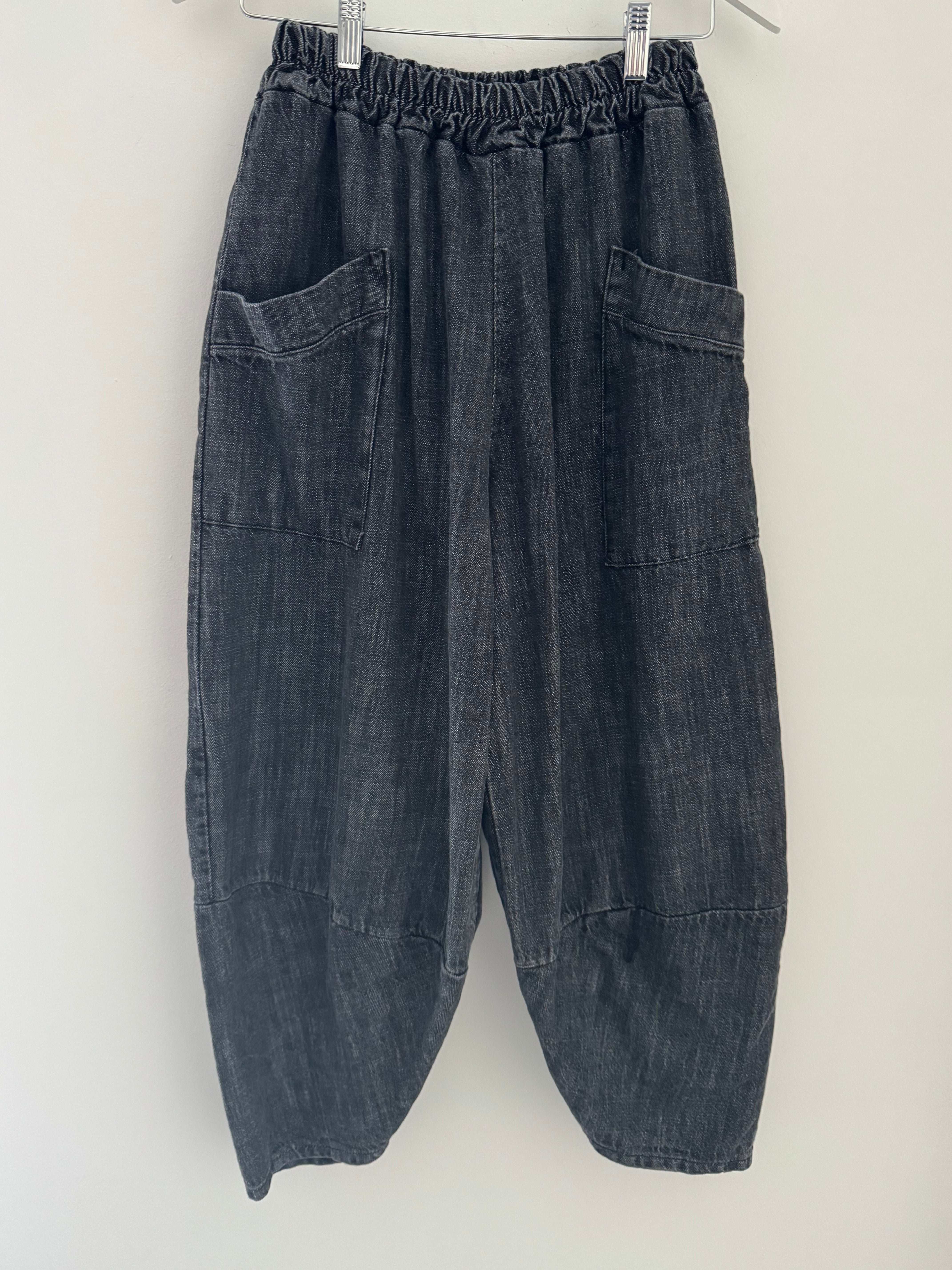 Premium Barrel Leg Trousers in Washed Black Denim